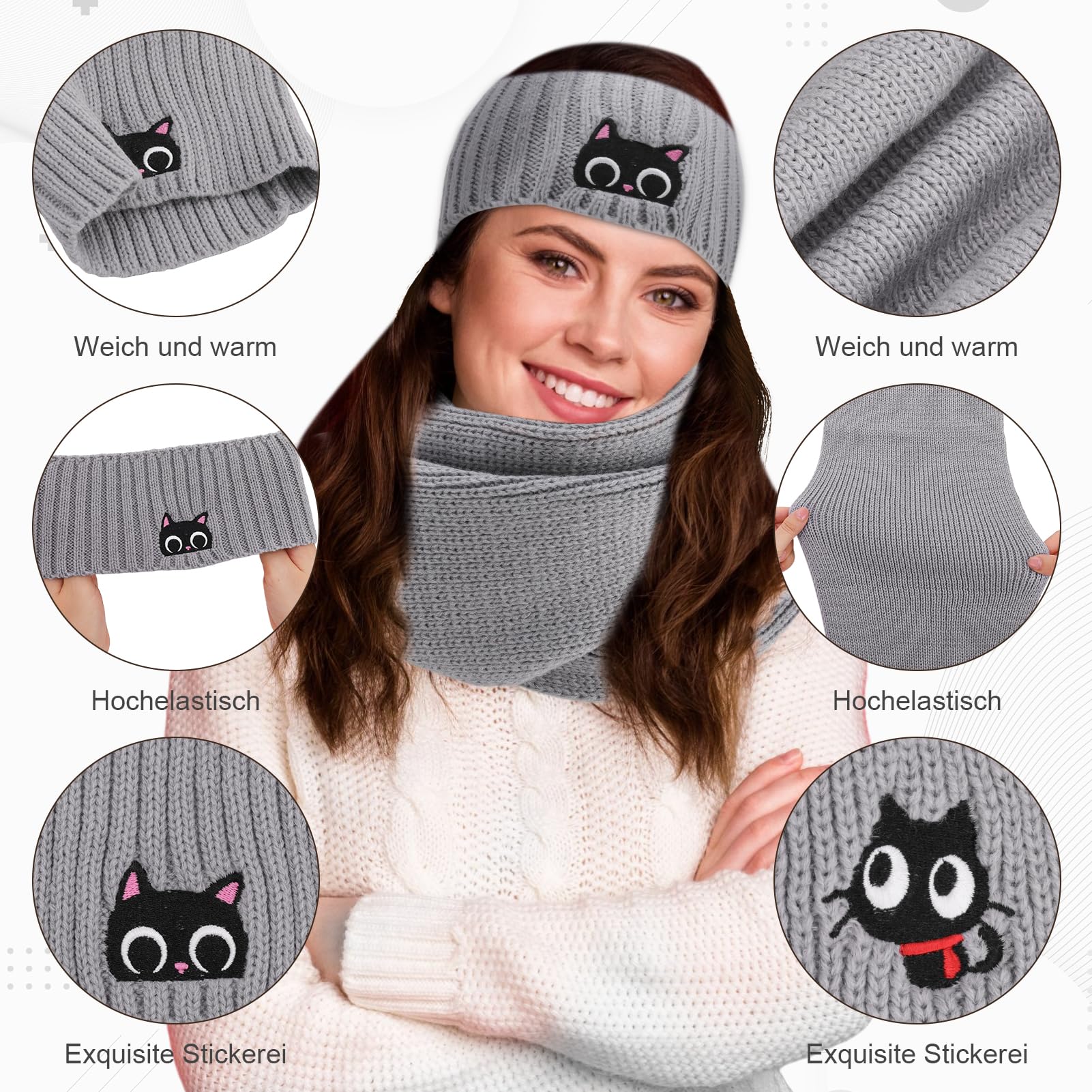 Utensilsto Damen WinterSet(Mütze,Schal,Handschuhe,Stirnband) Süße Warme Katzenmütze Winterschal Geschenkset für Katzenliebhaber Frauen Mädchen