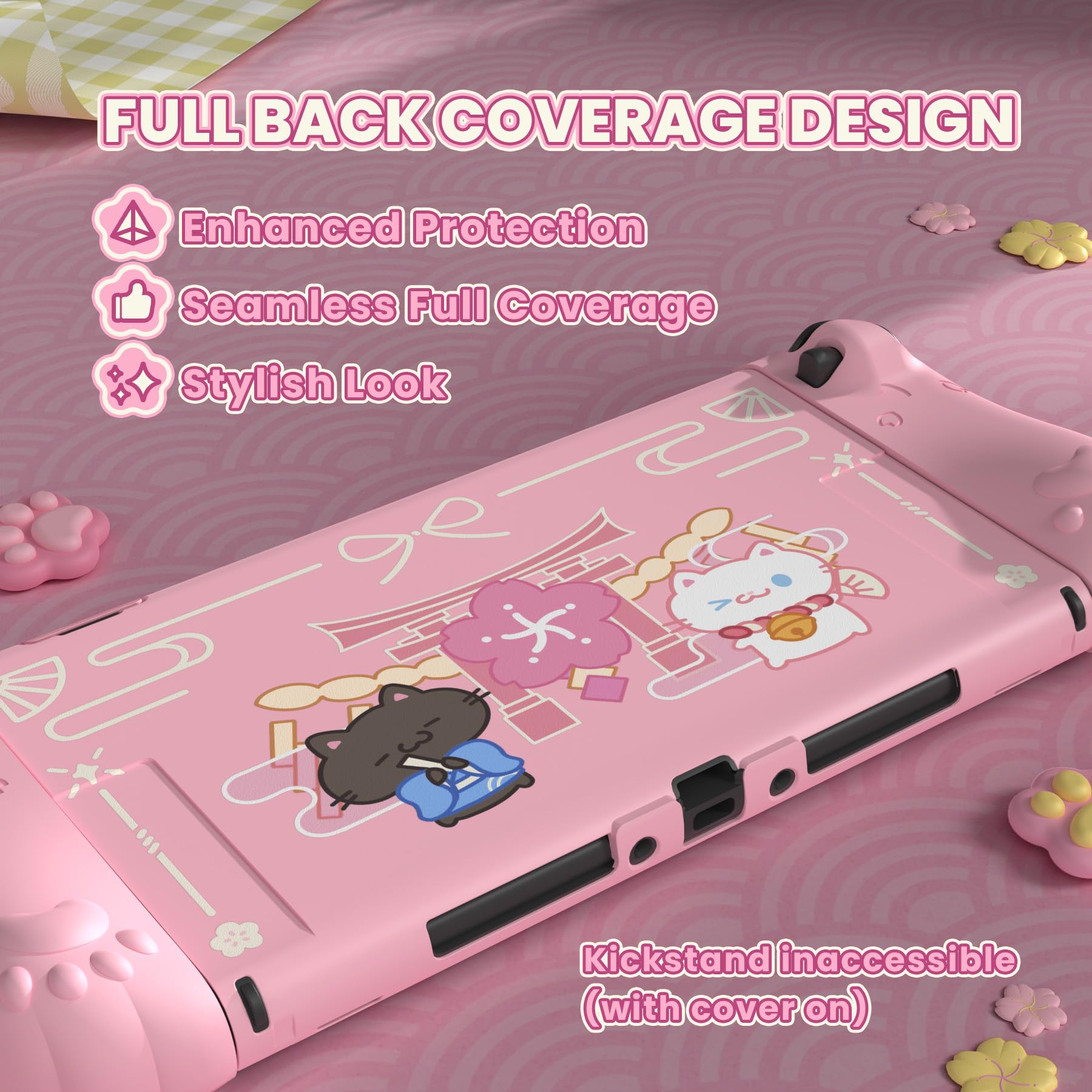 PlayVital Cherry Blossoms Kitten Protective Case for Nintendo Switch 2 with Stand | Cute Cat Ear & Paw Silicone Grips, Dockable Hard Shell, 2 Joystick Caps | Full-Body Protection Cover - Pink - 4