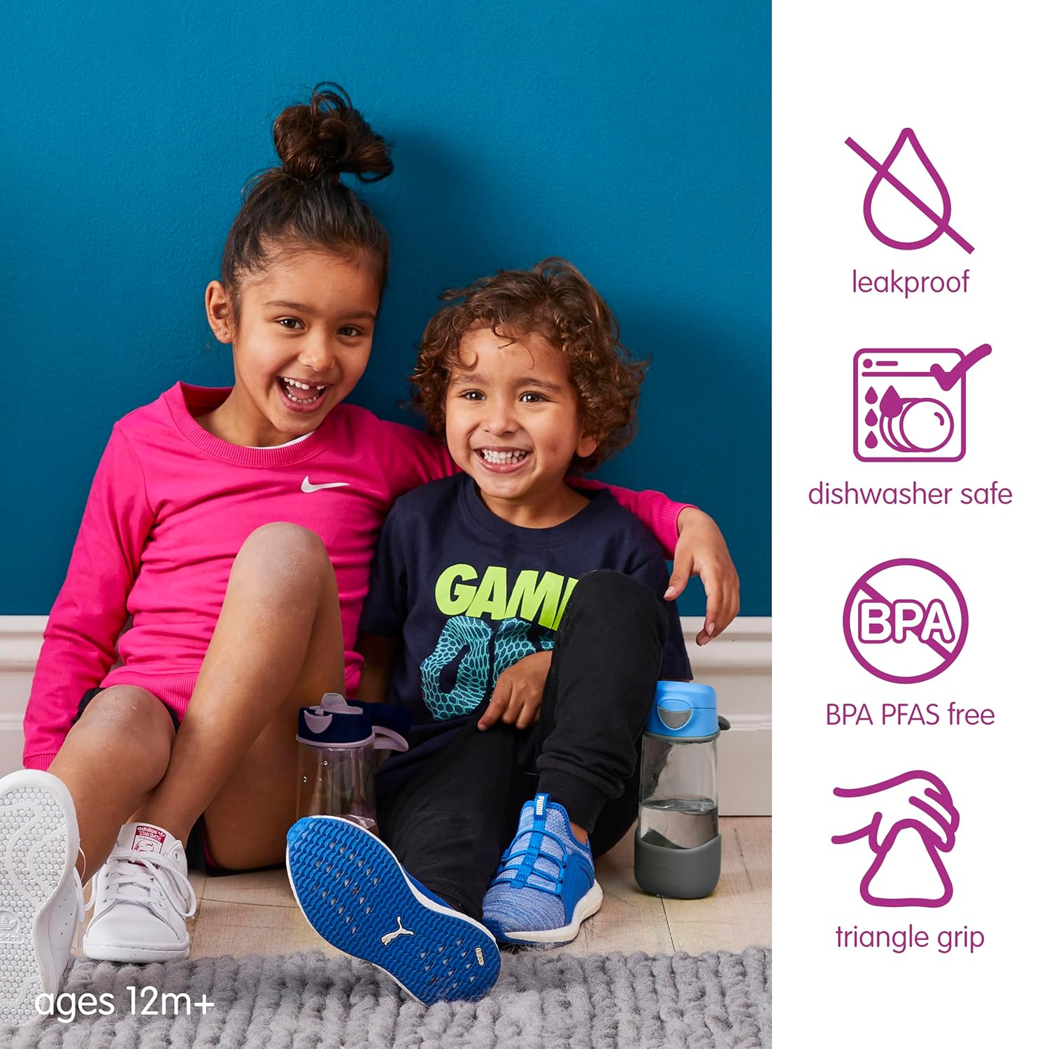 b.box 15oz Sport Spout Kids Water Bottle for School, Sports, Daycare - No-Straw Design for Easy Cleaning - Leakproof - Ergonomic Triangle Grip - Dishwasher Safe, BPA Free, PFAS Free - Indigo Rose - Image 2