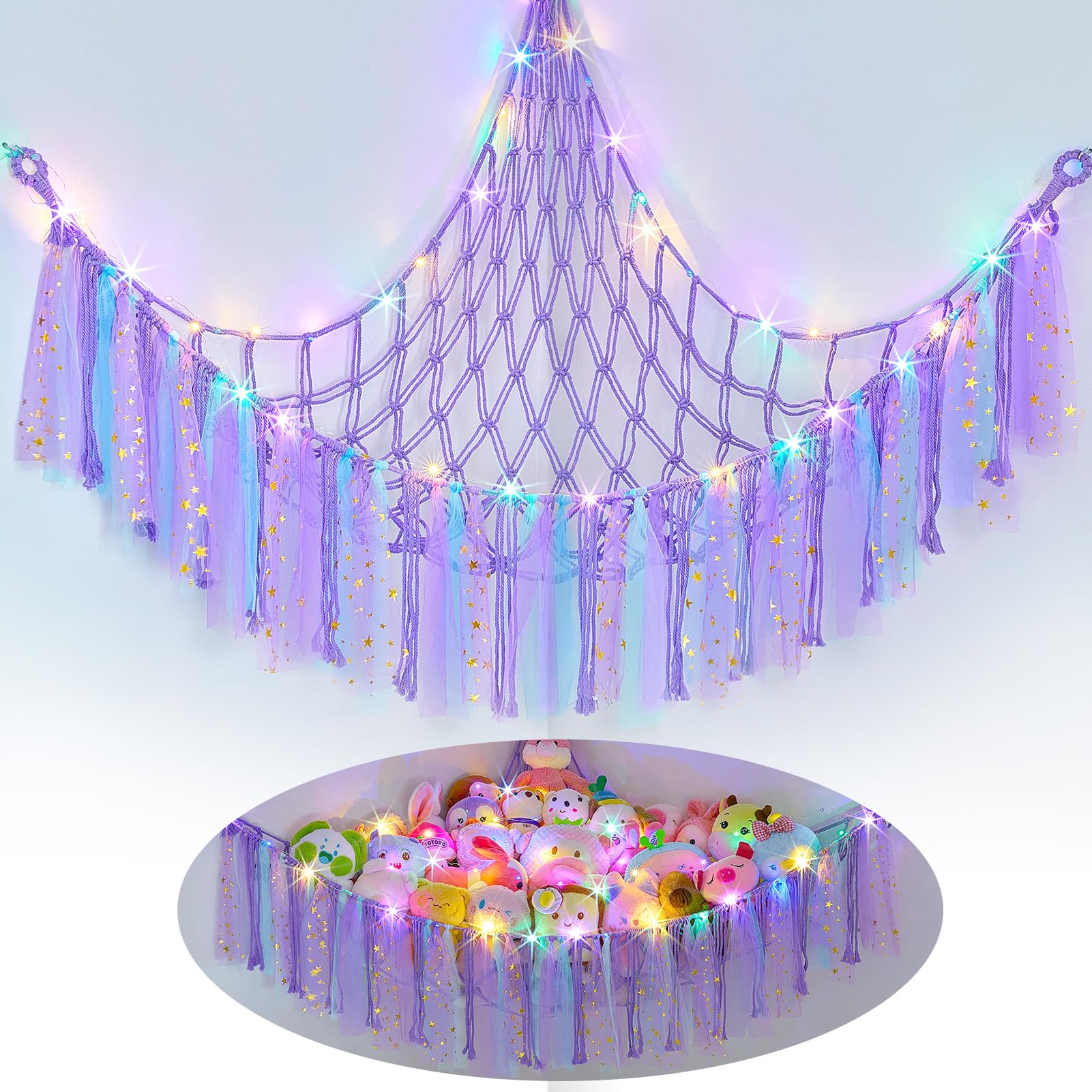 FIOBEE Stuffed Animals Net LED Light Toy Hammock for Kids Bedroom Storage