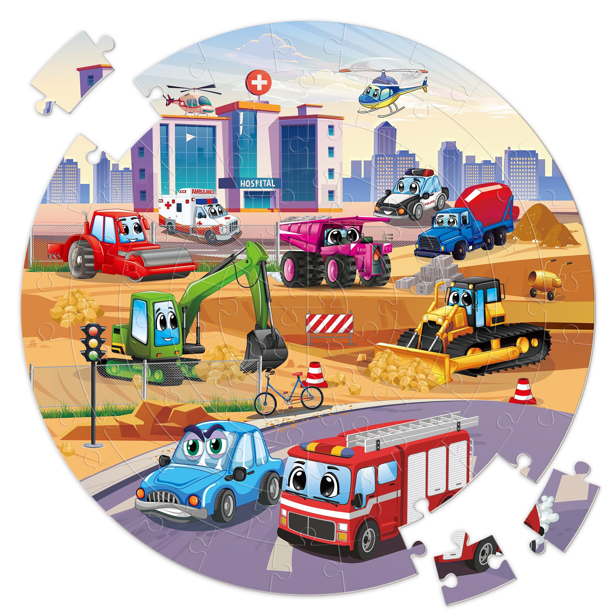 SYNARRY Giant Construction Vehicle Floor Jigsaw Puzzle for Kids 3 4 5 6 7 8 Year Olds, 70 Piece Big Round Fire Truck Jigsaw, Toys Gifts for Toddlers Children Boys Girls