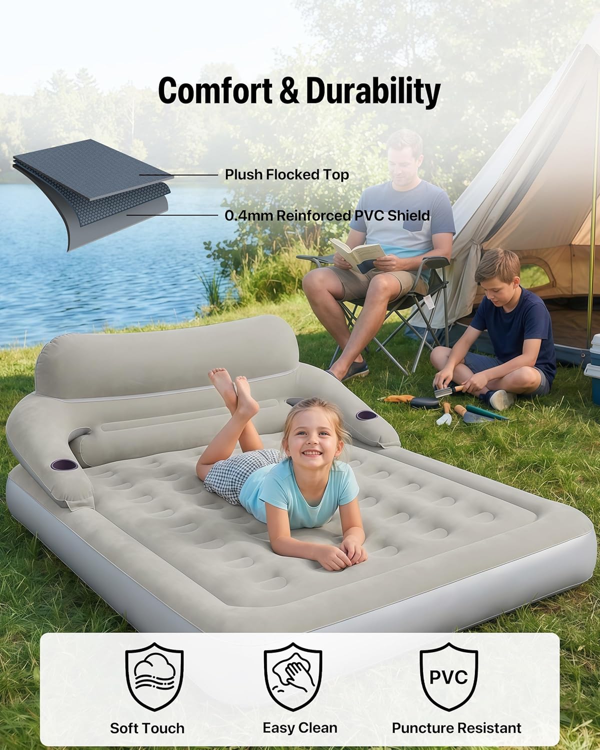JEASONG Queen Air Mattress with Built-in Battery Pump, Inflatable Mattress with Headboard, 2 Min Fast Inflation Blow Up Mattress, Portable Inflatable Bed Air Mattress for Camping, Guest, Home, Travel