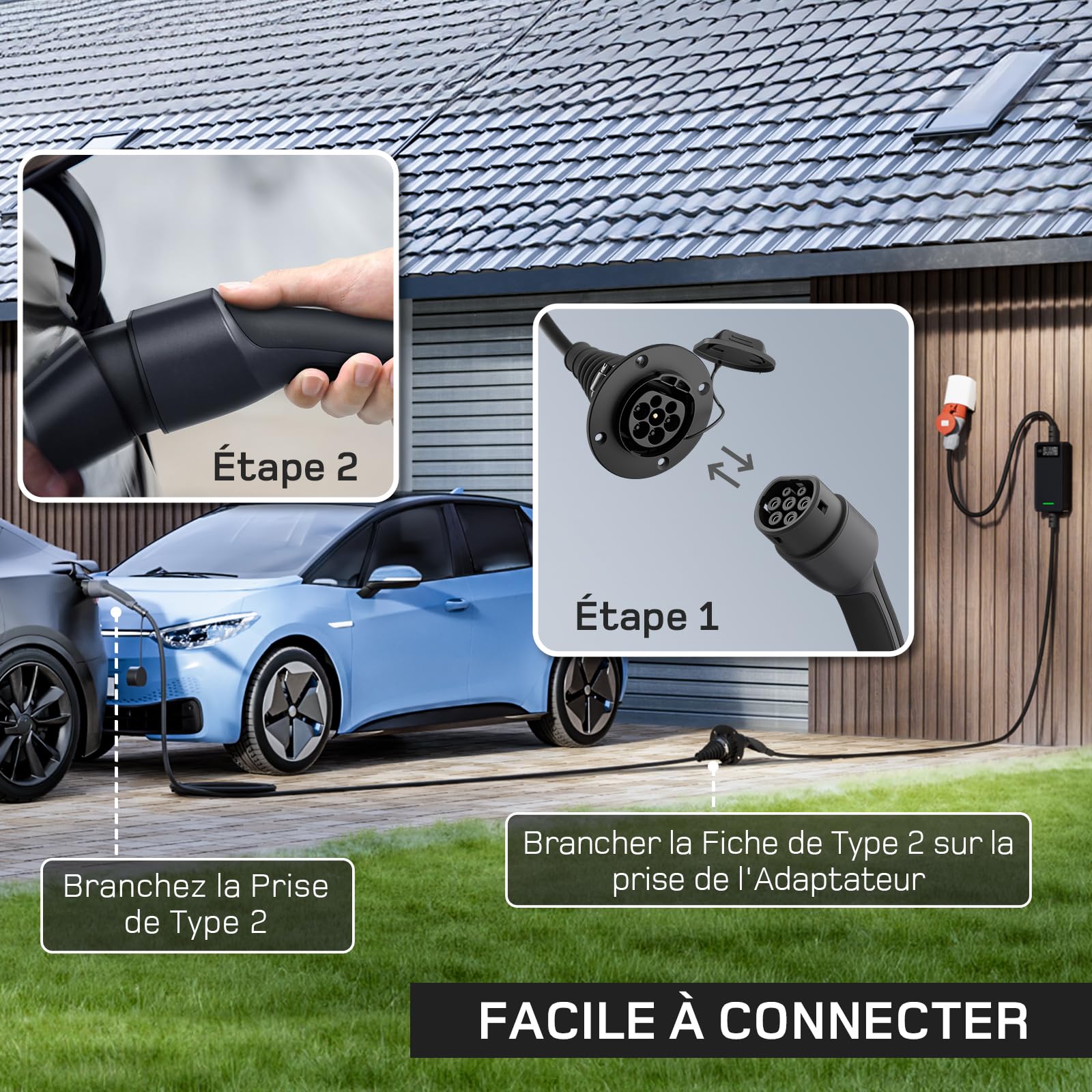dé Rallonge Câble de Recharge pour Voiture Électrique Type 2 [11kW,10m,16A]