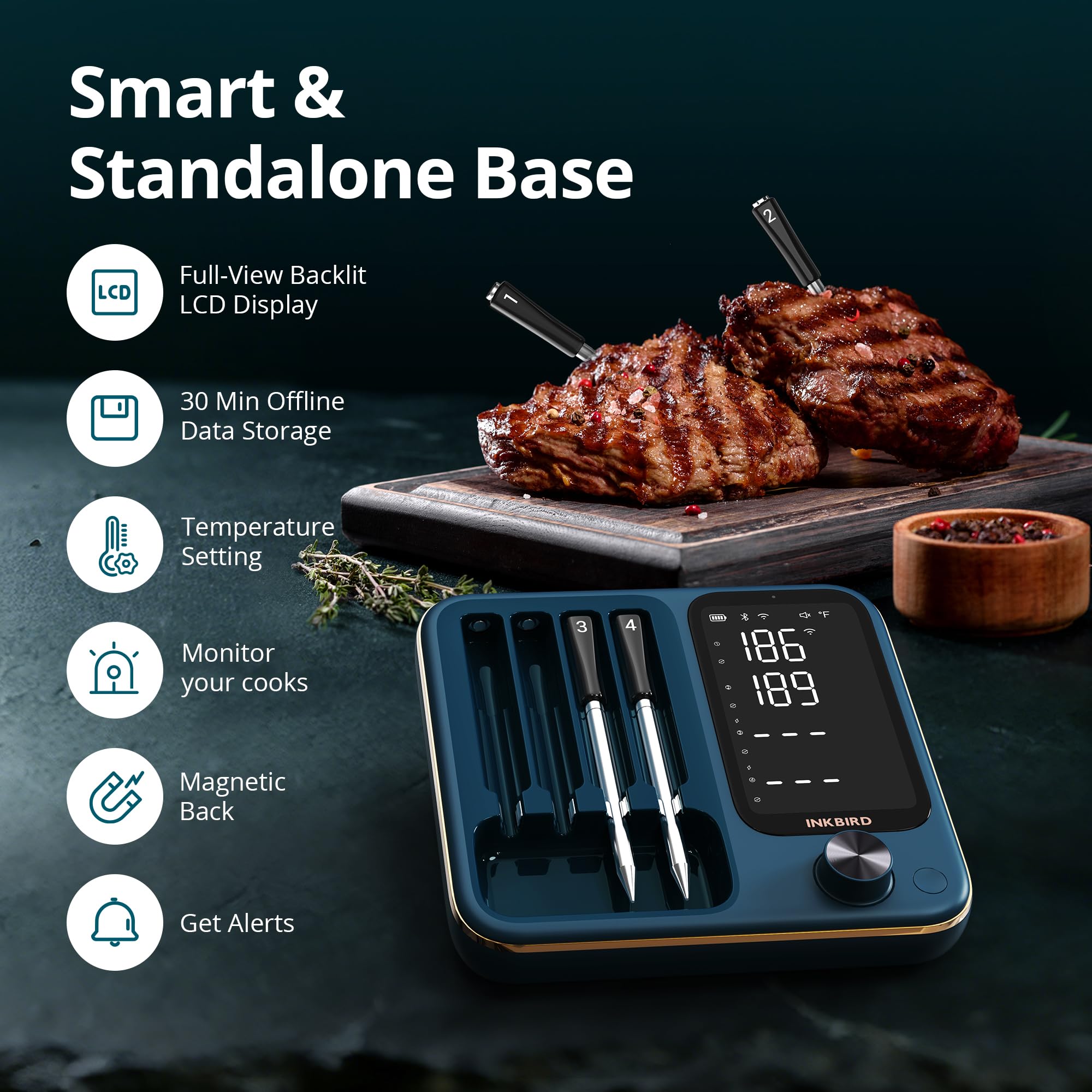 Wireless Meat Thermometer with WiFi 5G & Bluetooth 5.4, Smart Meat Thermometer for BBQ、Oven, Food Thermometer Digital with 4 Probes & 5 Sensors, NIST Accuracy, Apple Watch Alerts, 25H Use, Waterproof