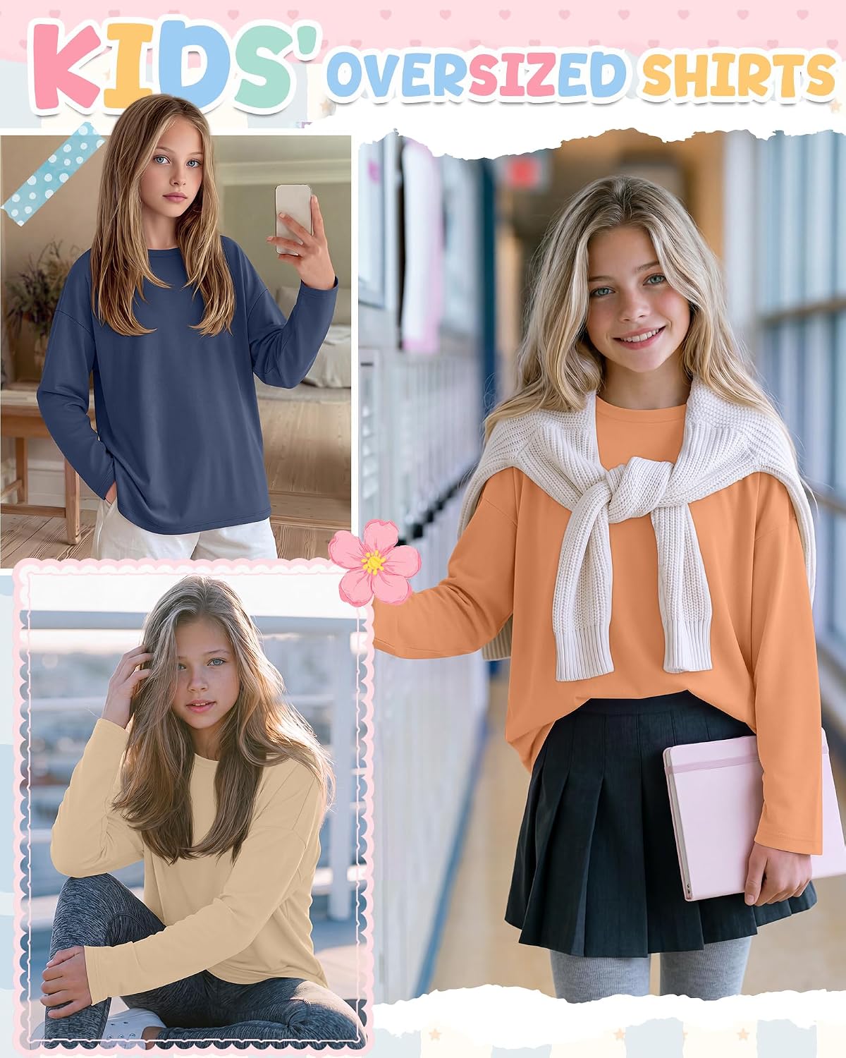 3 Pack Girls Long Sleeve Shirts Basic Crew Neck Top image 4
