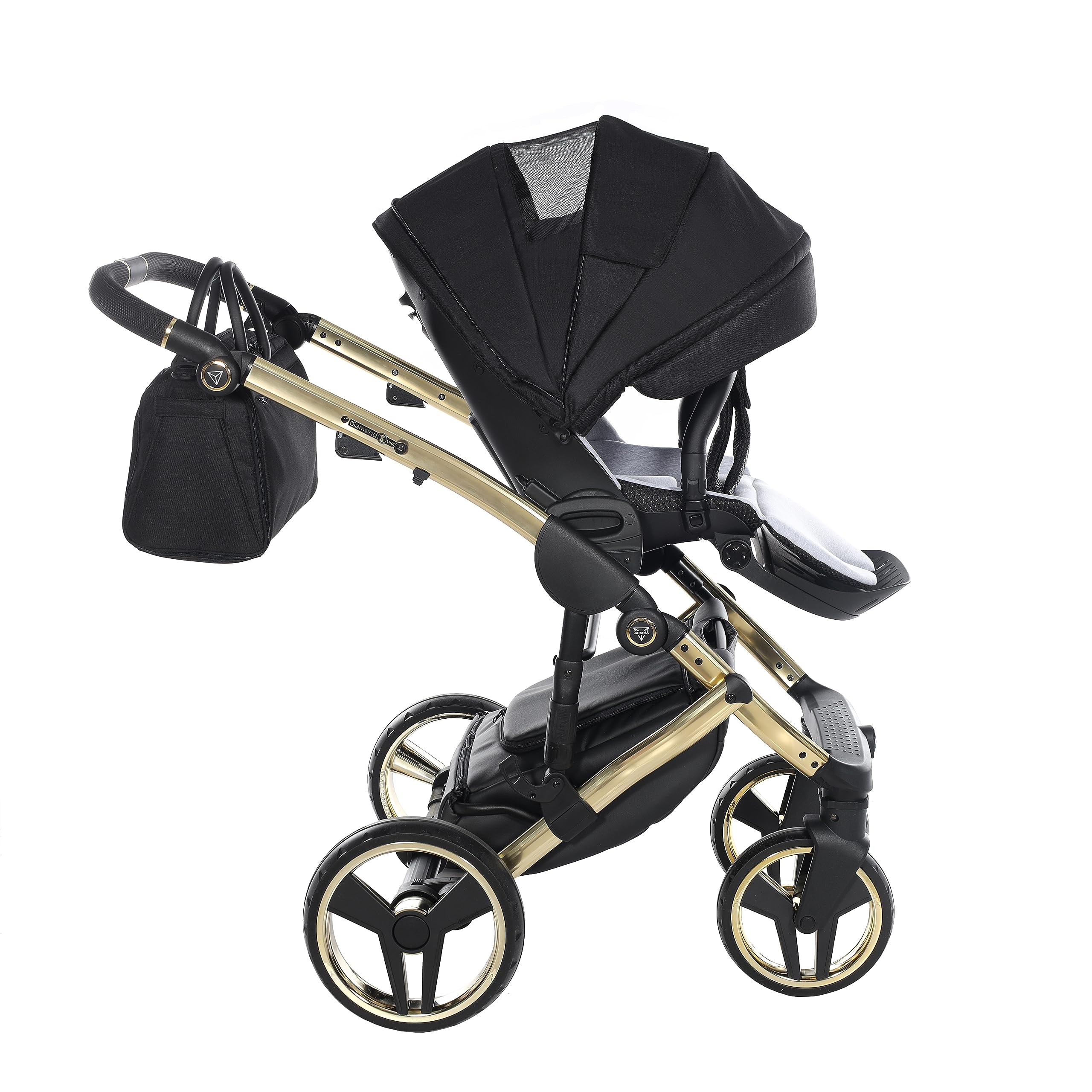 Junama Passeggino TRIO Diamond S 02 Nero e Oro - 2in1 3in1 4in1 + ombrellino (2 in 1 con Adattatori)