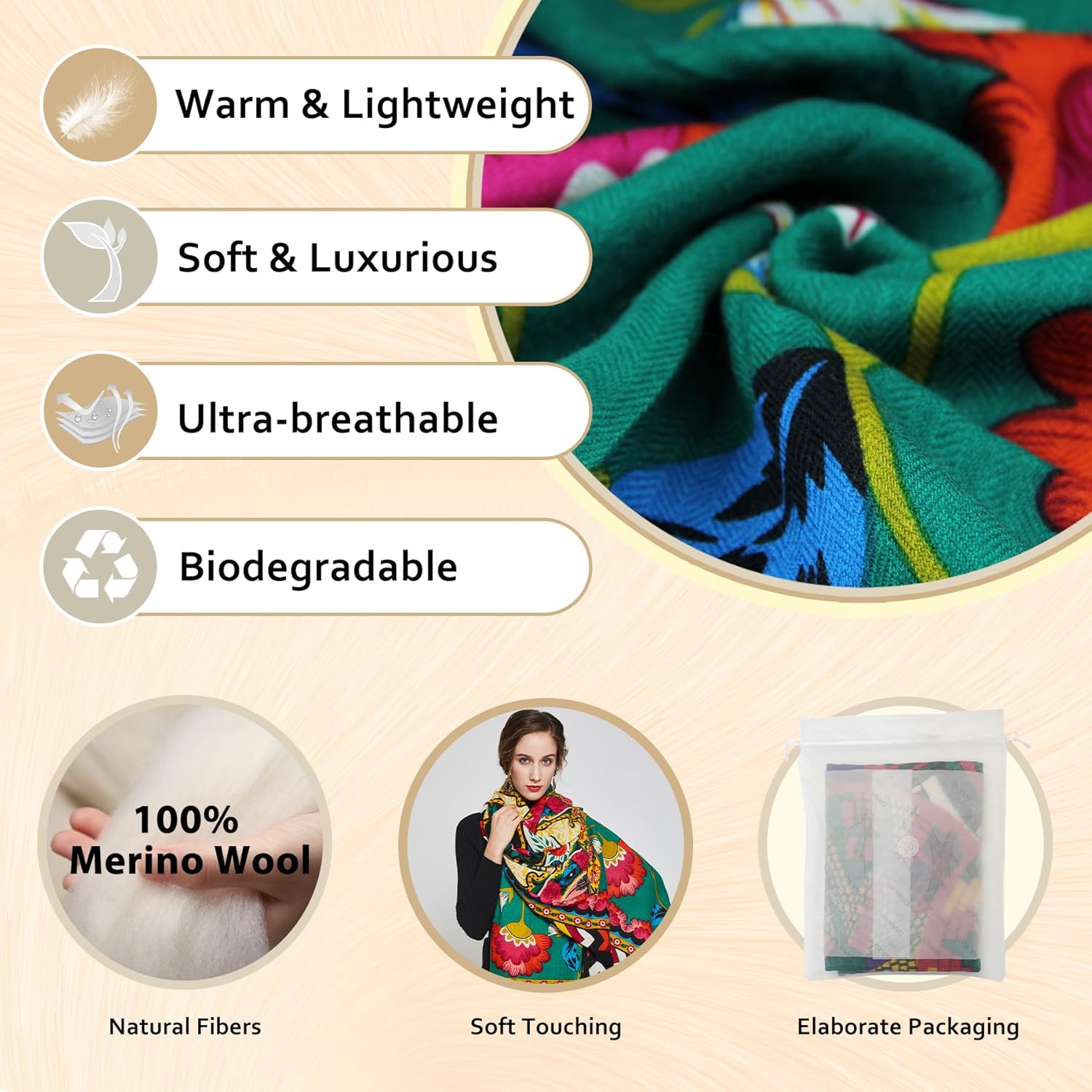 DANA XU 100% Merino Wool Pashmina Shawl for Women 96"x43", Oversized Cashmere Wrap with Tassels, Floral Travel Blanket Cape - Image 3