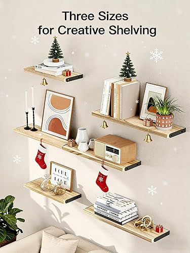 Miniatura 7 de AMADA HOMEFURNISHING Juego de 6 estantes de pared, estilo rústico de granja, estantes flotantes de madera para decoración de pared, almacenamiento