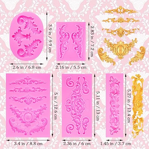Miniatura 2 de 5 paquetes de moldes barrocos para fondant, bordes barrocos, moldes de silicona para decoración de pasteles
