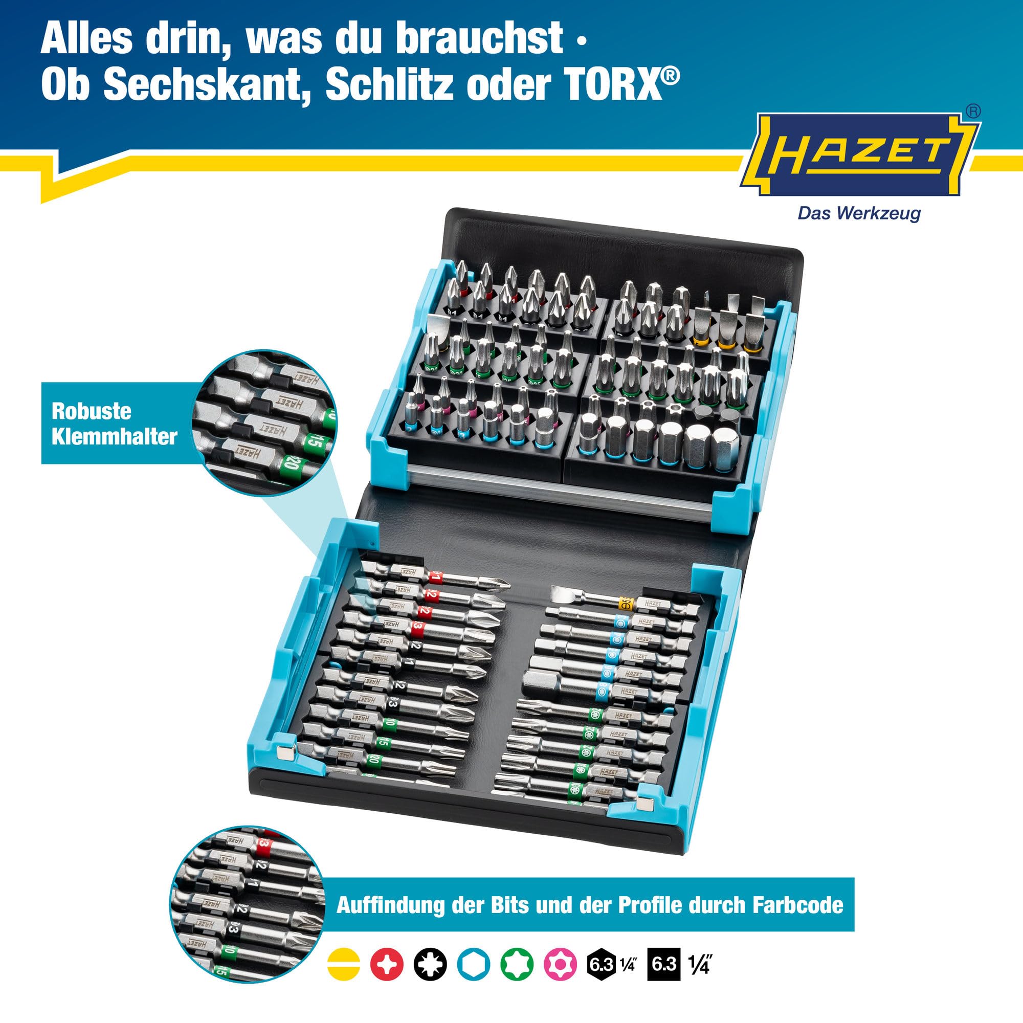 HAZET Smartcase Bit-Satz 2200SC-3 I 96-teilig, Antrieb: Sechskant 6,3 (1/4 Zoll), maximal viele Werkzeuge auf kleinstem Raum für beste Übersicht I klappbarer Werkzeug-Satz Made in Germany