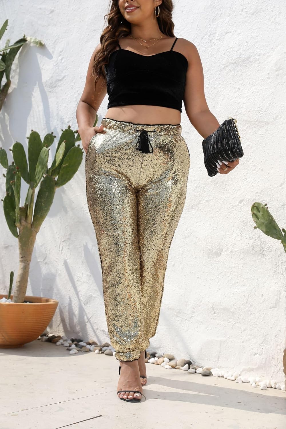 J&DHUASHA Womens Casual Sparkly Sequin Pants High Waist Glitter Joggers Pants Bling Party Skinny Pants - Image 4