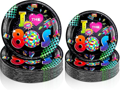 Yungyan 50 platos de papel retro de los años 80 desechables I Love the 1980s de 9 y 7 pulgadas, platos de postre de cena de regreso a los 80 para