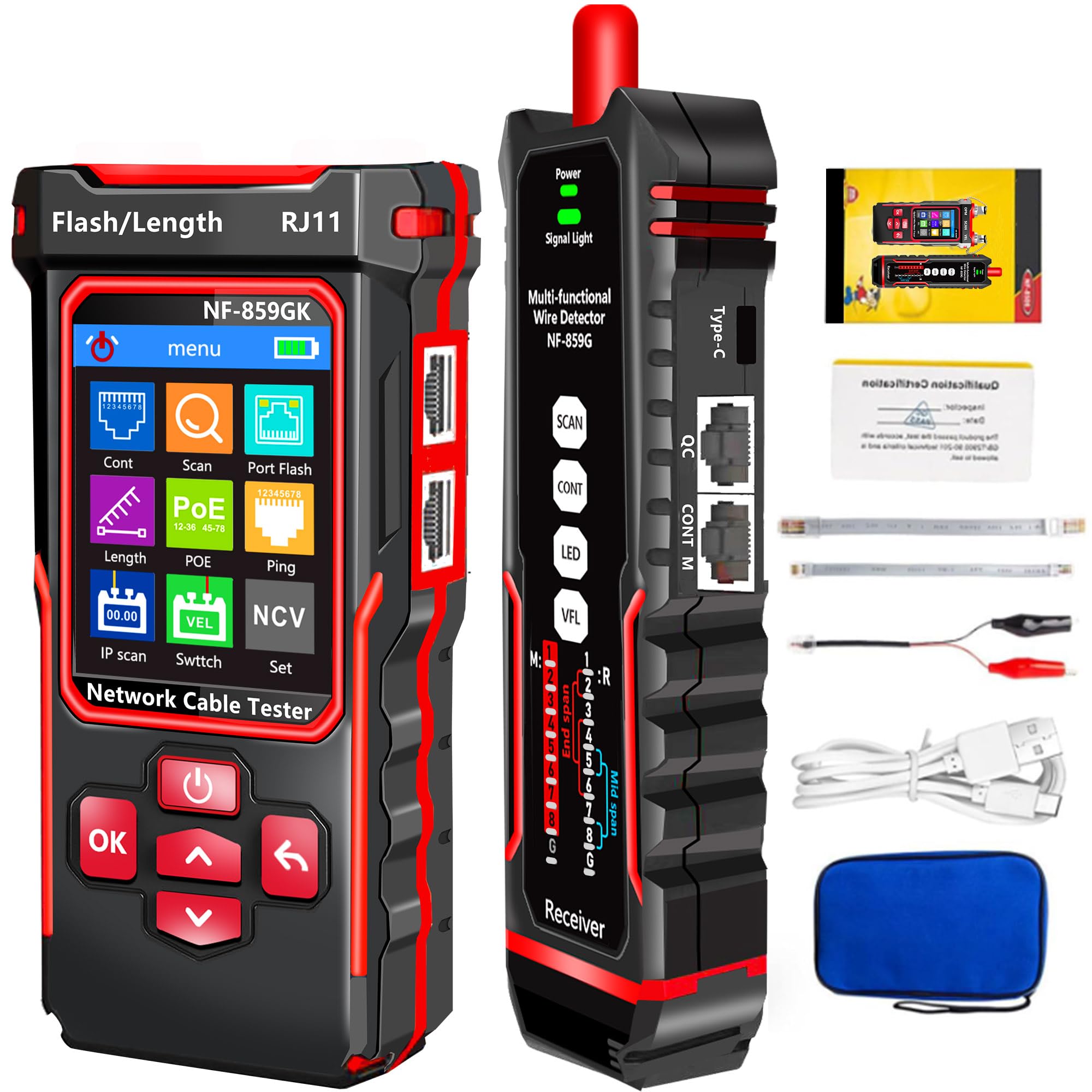 NF-859GK Netzwerk-Kabeltester TDR Multifunktional mit IP-Scan/VFL/PING/POE/CAT5 CAT6 CAT7 /RJ45 RJ11 Kabeltester für Telefonleitungen Ethernet-Kabeltester LAN-Netzwerktester