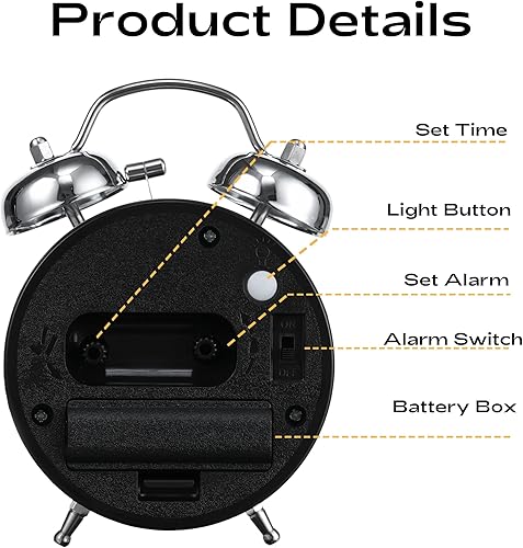 Miniatura 6 de AKCISOT Reloj despertador alto para personas que duermen profundamente y pesadas, reloj analógico de metal de 3 pulgadas con campana gemela,