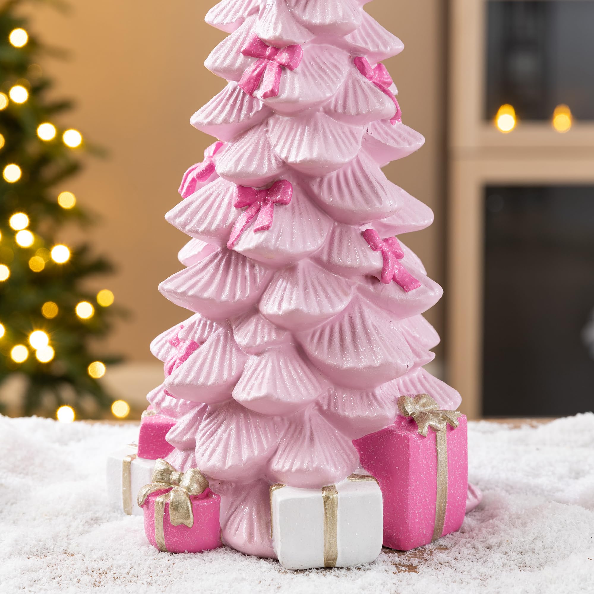 Glitzhome Figuras de resina de árbol de Navidad rosa de 38,73 cm de alto, centro de mesa de árbol de Navidad con lazo rosa brillante, decoración de Navidad hecha a mano para escritorio de vacaciones
