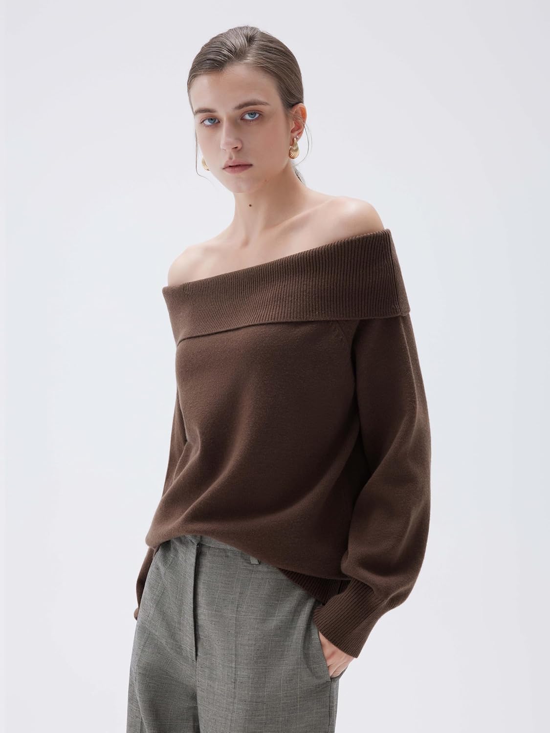 SUUKSESS Women Cashmere Off The Shoulder Sweater Oversized Knit Long Sleeve Tops - Image 4