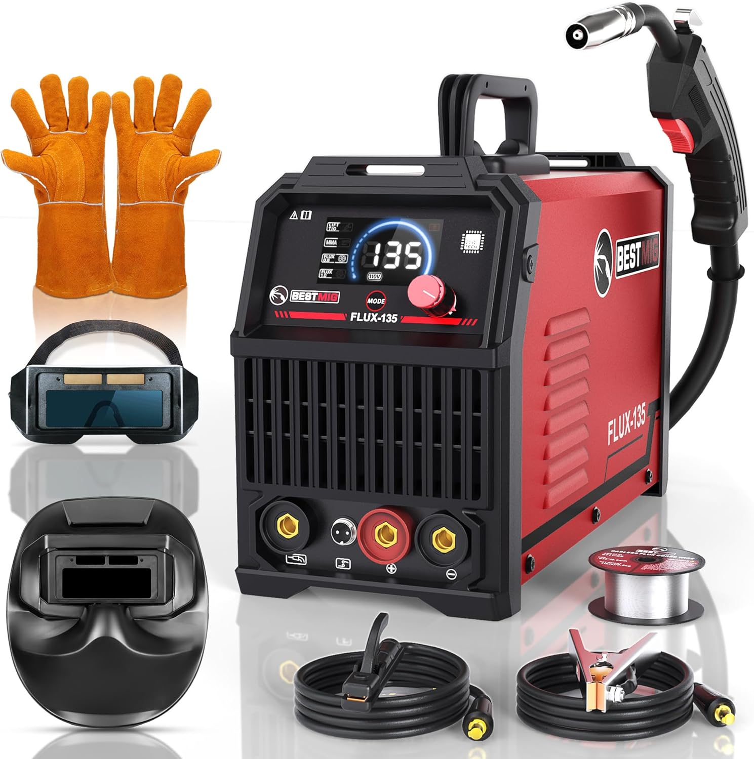BESTMIG 135A Welder 3-in-1 Welding Machine Supports MIG 110V Welding Machine with IGBT Inverter LED Digital Display MIG/Lift TIG/Stick Capabilities (Red Black