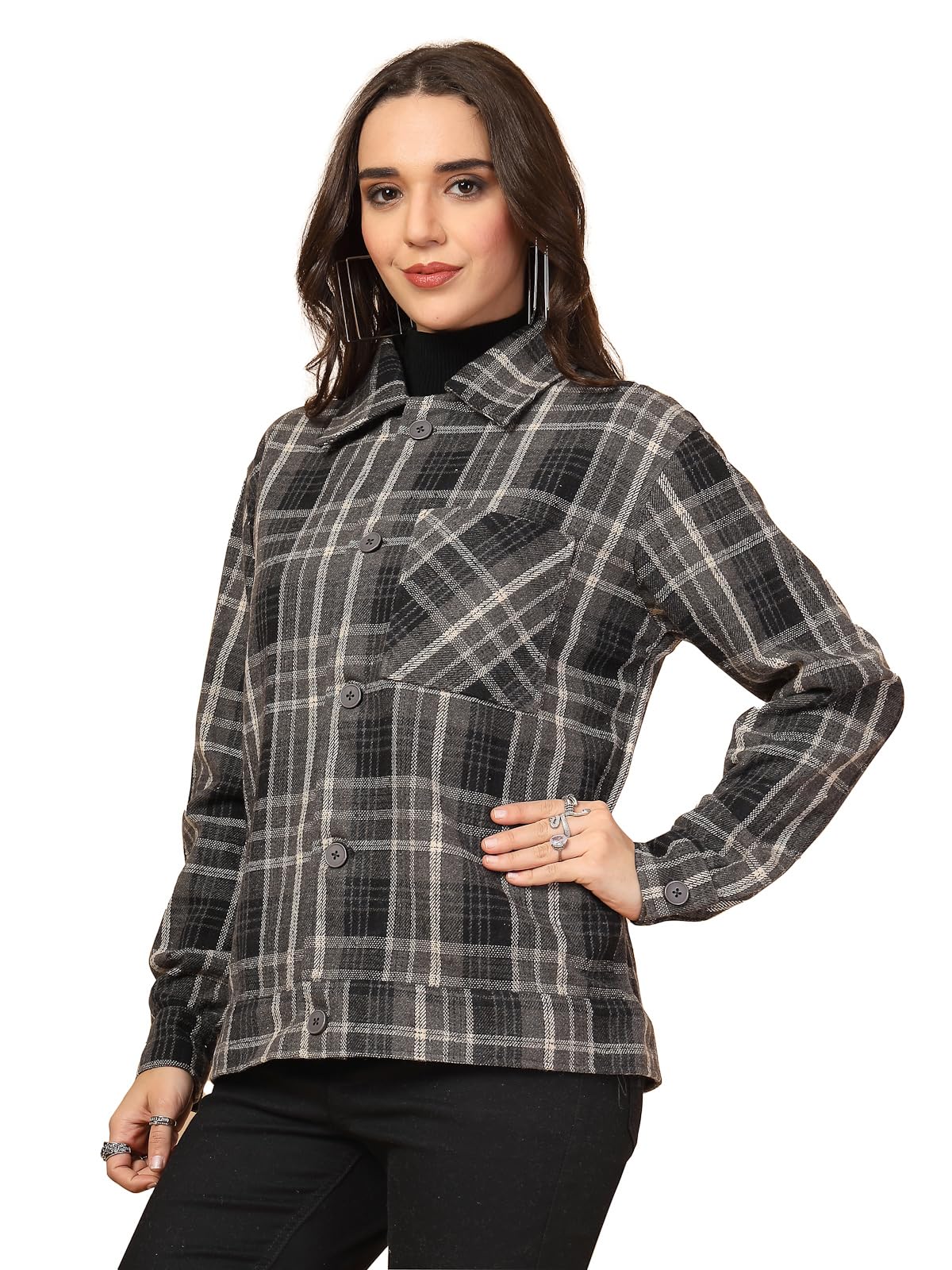 chkokko Tweed Women Winter Shacket Stylish Standard Length Coat Plaid Jacket Shirt-picture-54