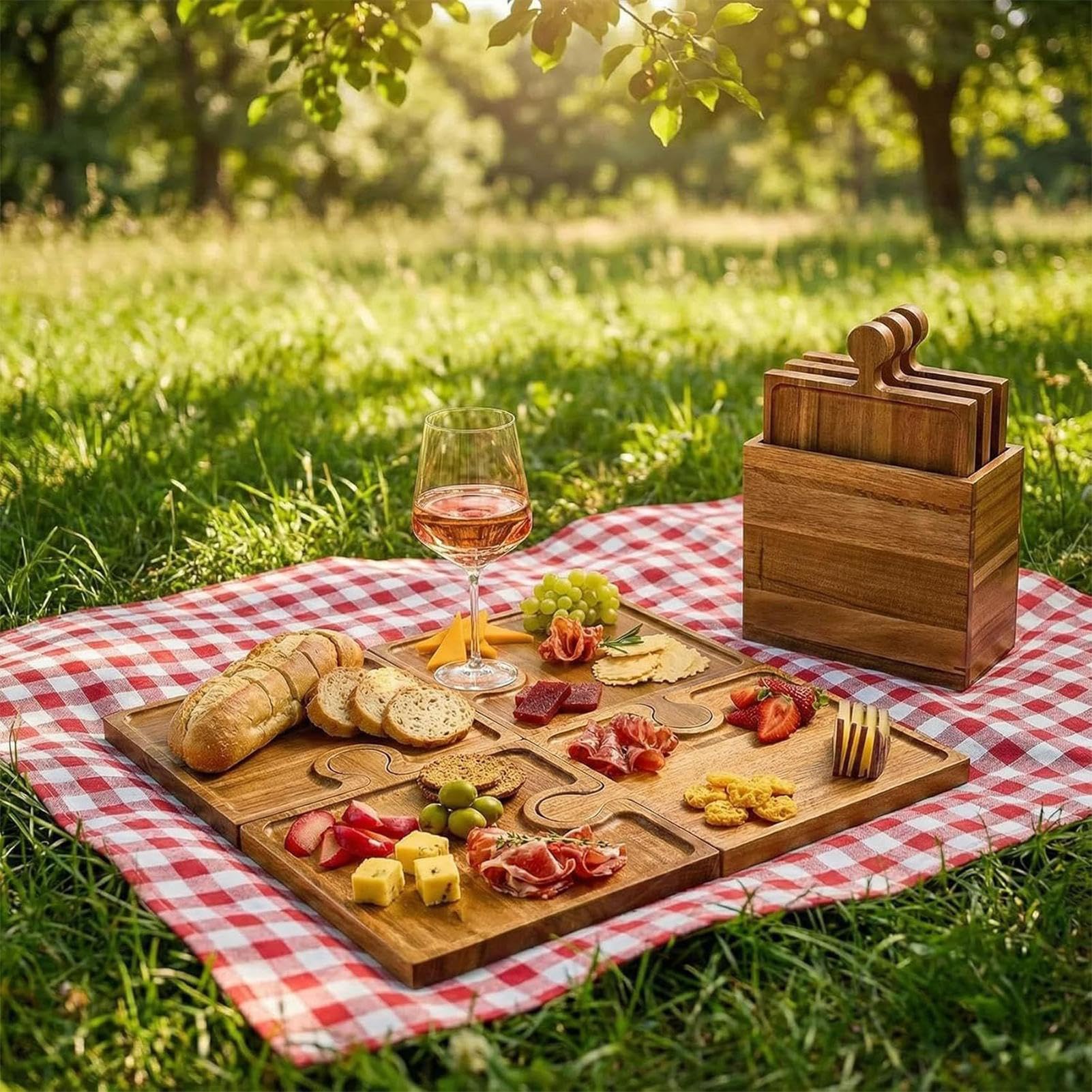 Zestaw Desek do Serów 4-Częściowy Drewniany Komplet z Uchwytem | Kuchenna Deska Serów w Kształcie Puzzle Do Przekąsek, dla Rodziny, do Mieszkania, na Kemping, Piknik i Przyjęcie Domowe