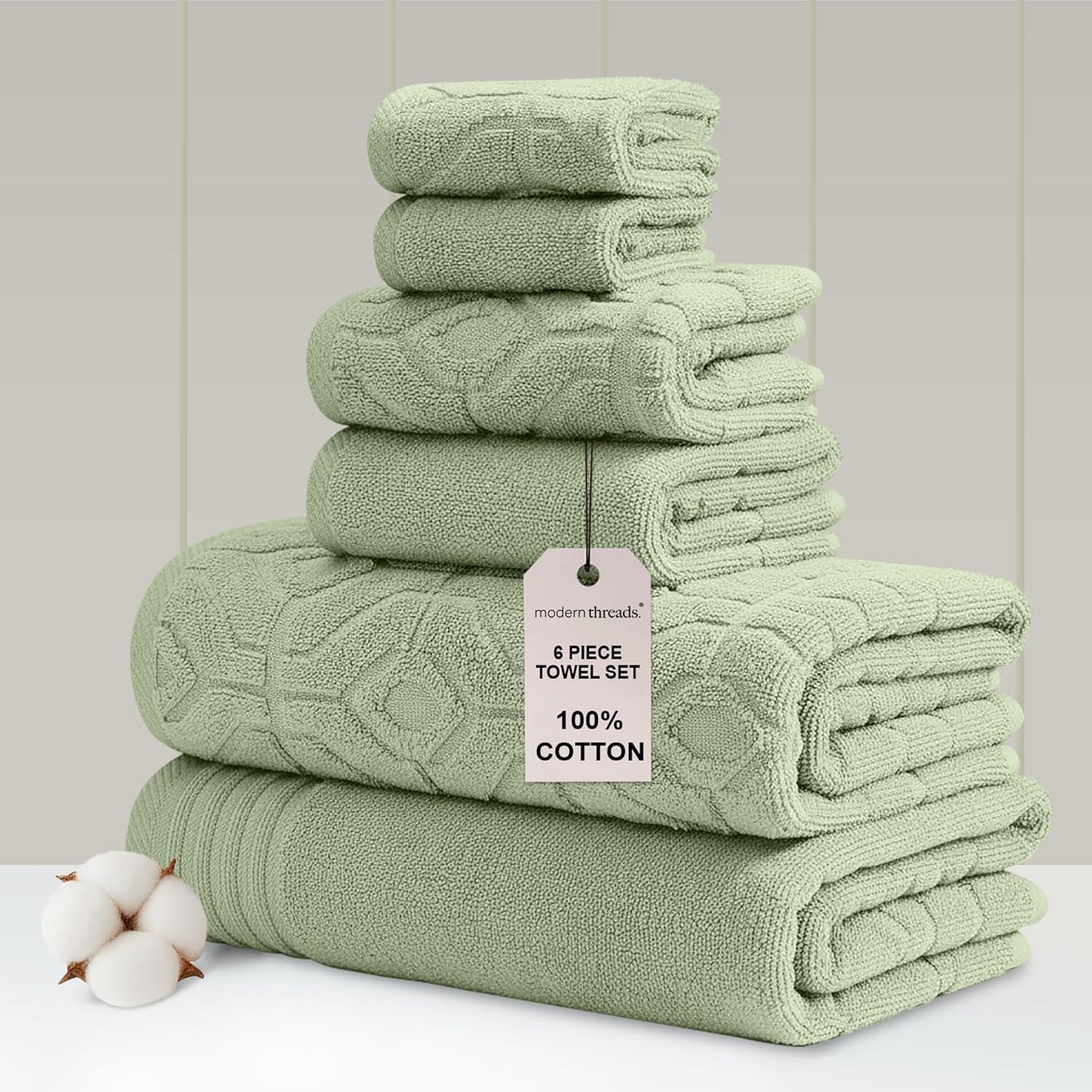 Modern Threads 6-Piece 100% Combed Cotton Yarn Dyed Diamond Gate Jacquard Towel Set Seafoam