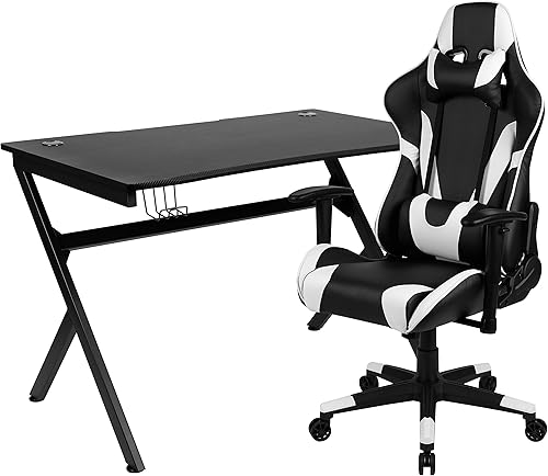 Miniatura 461 de Flash Furniture Juego de escritorio para juegos negro y silla de carreras blanco/negro con soporte para tazas, gancho para auriculares y soporte