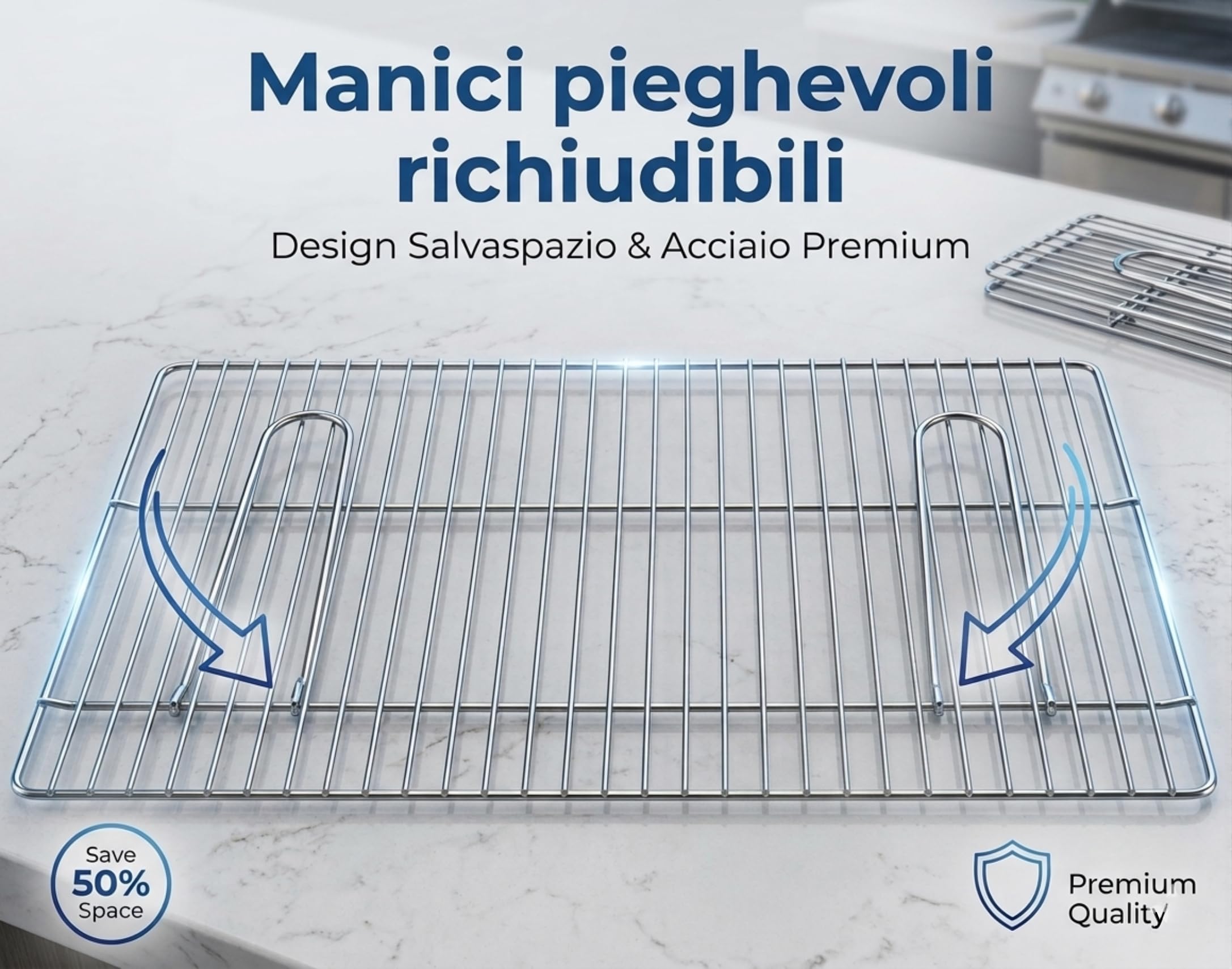 Griglia per Barbecue 67 X 40 CM In Acciao Cromato Con Manici a Tondino Richiudibili Regolabile per Barbecue a Muratura e Portatili