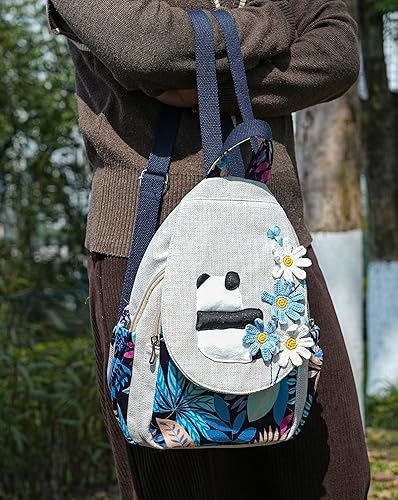 Vista 6 de HUANGGUOSHU Mujer de algodón tejido bohemio cáñamo Boho lona bordado múltiples bolsillos retro linda mochila cartera mochila mochila gato caprichoso