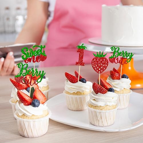Miniatura 7 de 24 piezas Sweet One Cupcake Toppers con purpurina para primer cumpleaños de fresas para cupcakes de frutas, baby shower, primer cumpleaños,