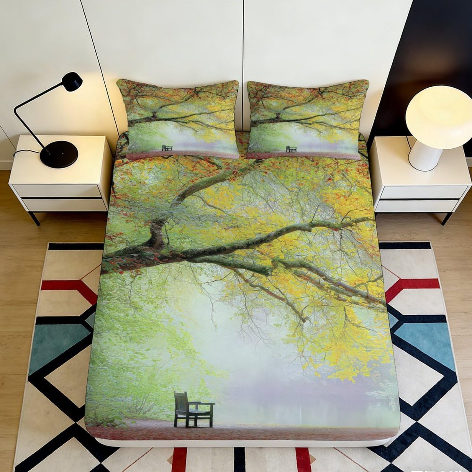 3D Printed Vintage Pastoral Fitted Sheet Microfiber Elastic Hem for Adult Bedroom Set, Pastoral Scenery Mattress Fitted Cover Deep Pocket Non-Slip Protection 200x200x25cm