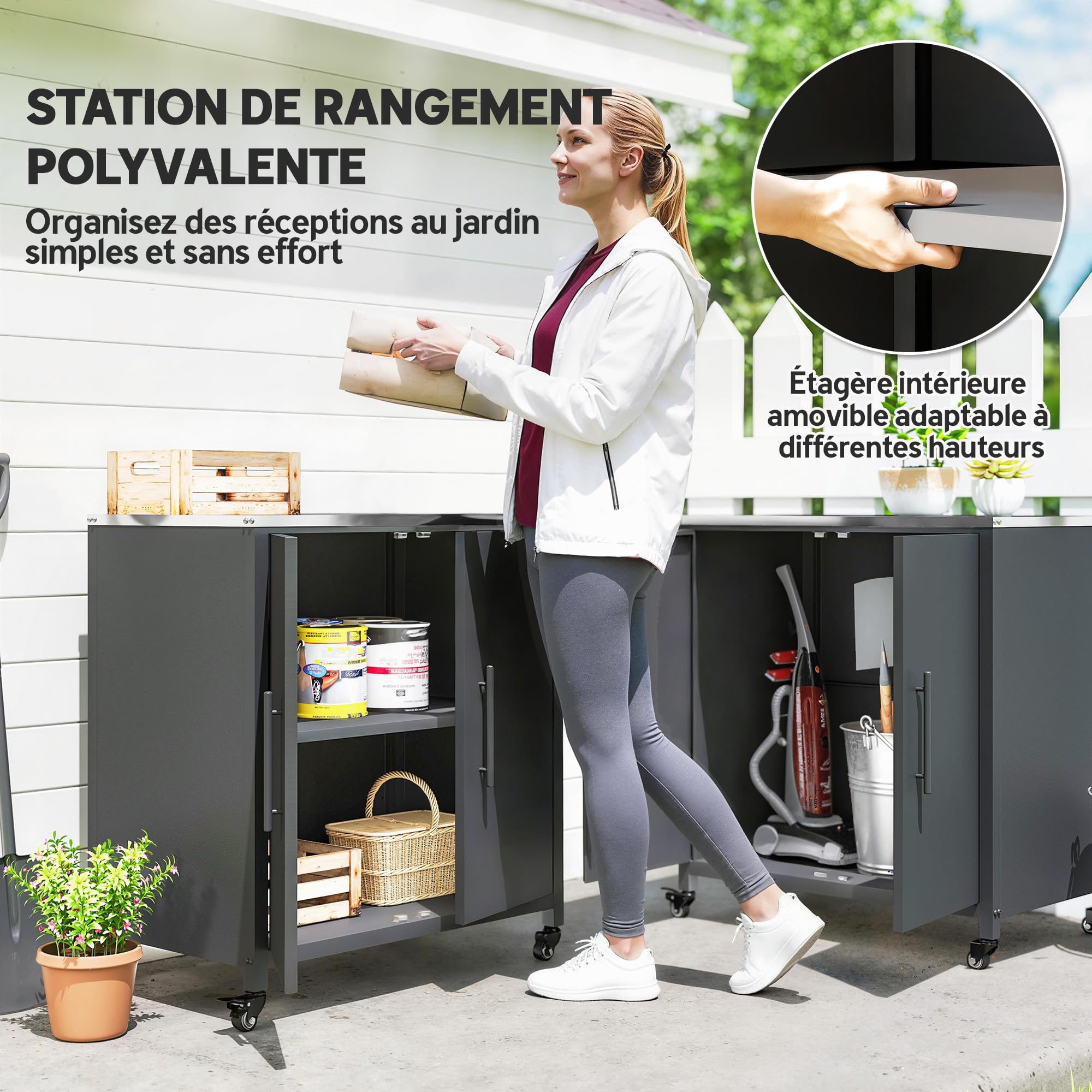 Outsunny Armoire de Jardin en Métal Extérieur, Armoire de Rangement de Jardin avec Toit en Acier Inoxydable et roulettes, Portes Magnétique et Étagère Amovible, 80 x 50 x 90 cm, Noir - 3