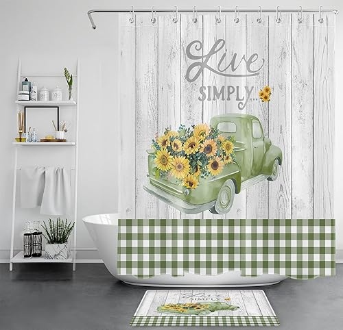 EOBTAIN Juego de cortinas de ducha de girasol, camión de granja, campo, salvia, verde, a cuadros, flores florales amarillas en tablero de madera