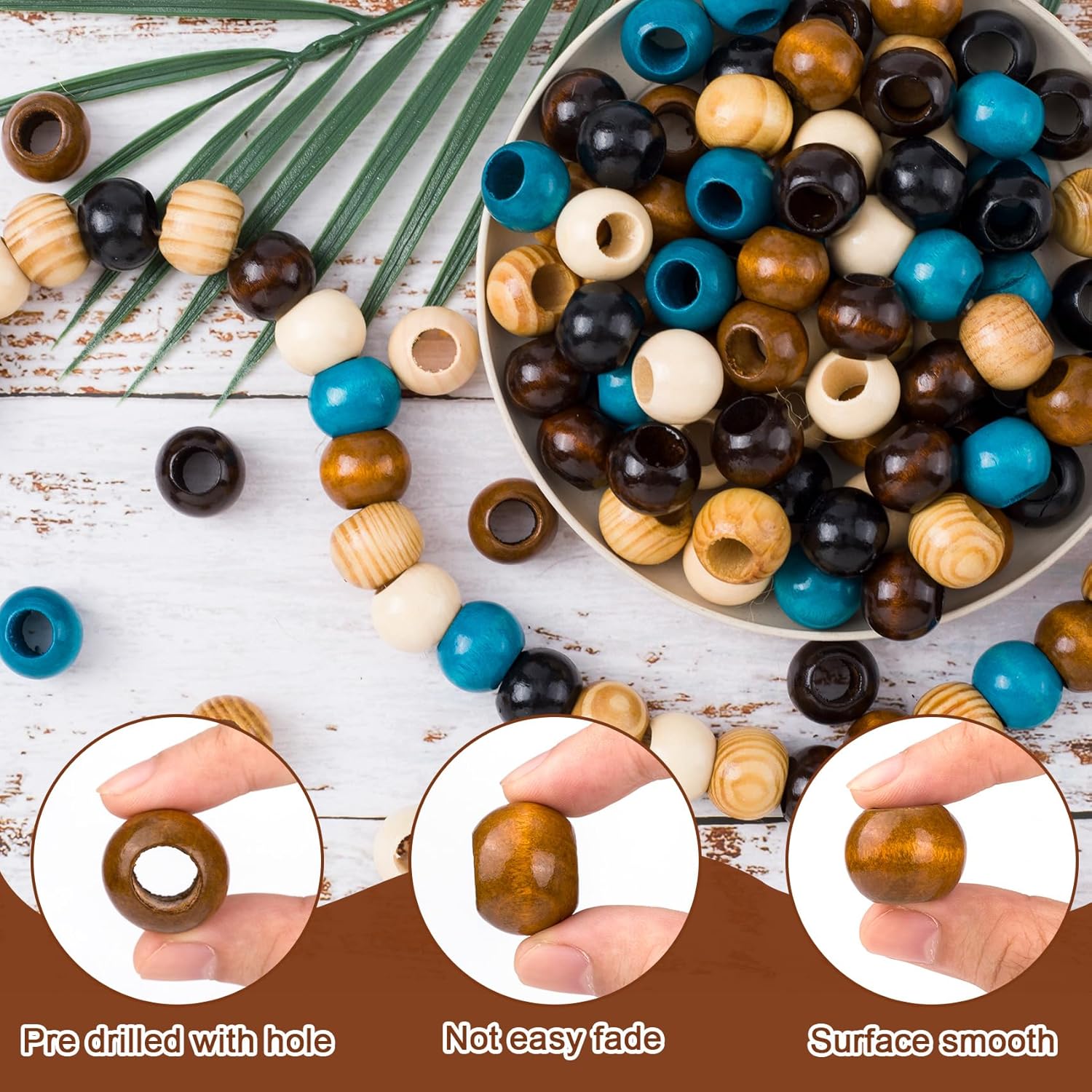 30pcs Wooden Beads for Crafts, Natural Wood Braids Hair Bead, Vintage Wooden Spacer Beads for Macrame Necklace Bracelet DIY Craft Handmade Decor- 6 Colors - Image 3
