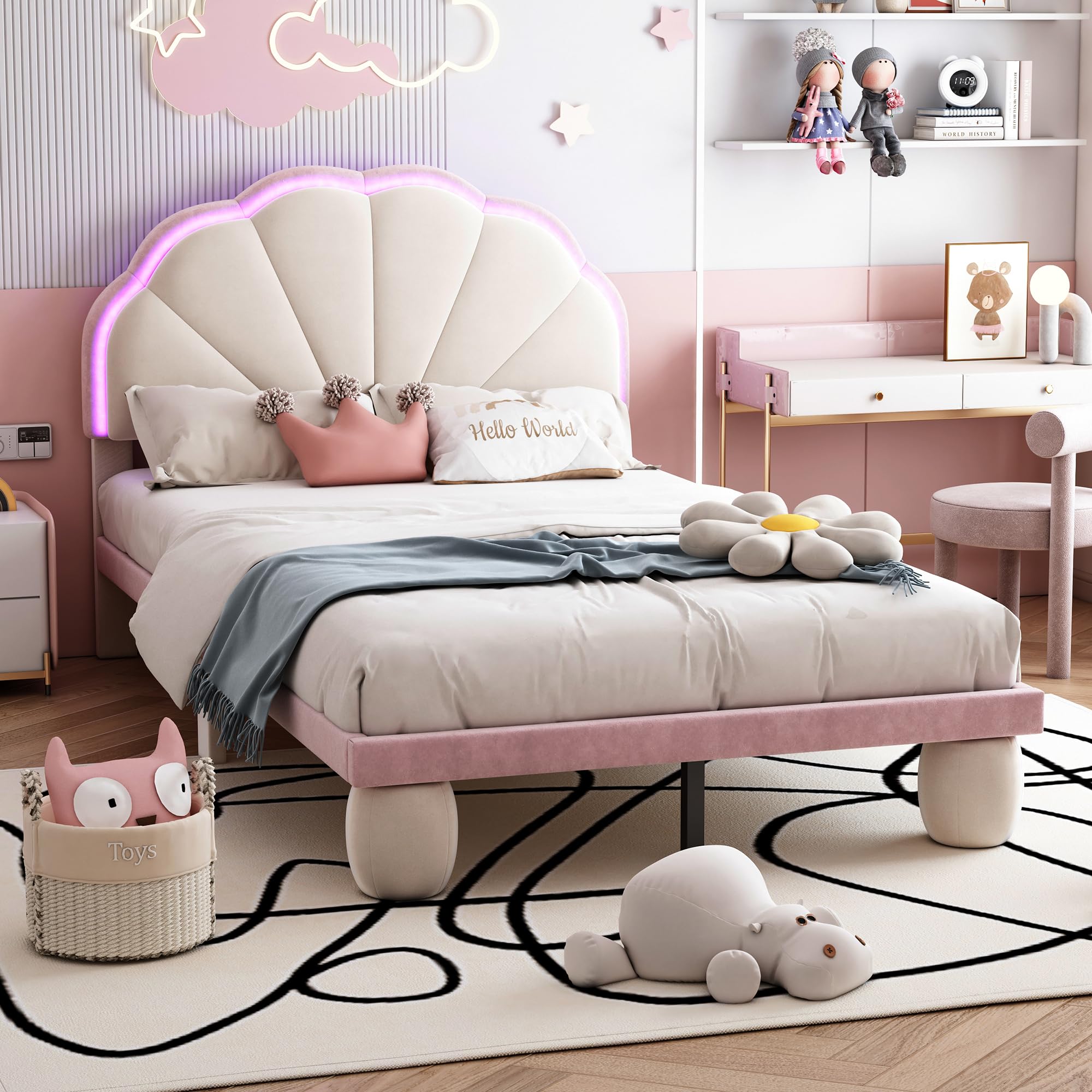 Cama tapizada LED para niños: cama individual de terciopelo en beige y rosa, 90 x 200 cm, con cabecero ondulado, tiras de luz que cambian de color y patas acolchadas, habitación infantil de cuento de