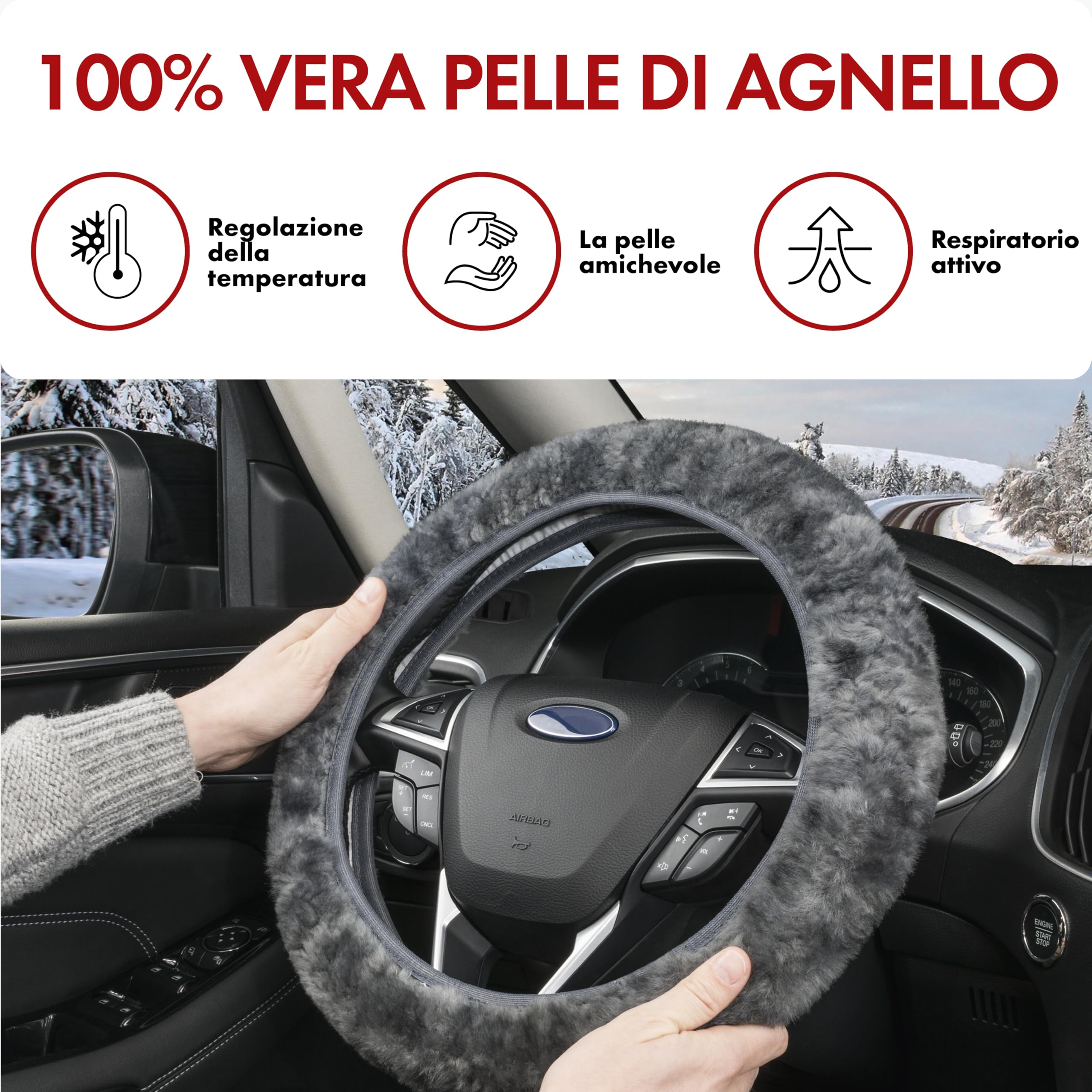 WALSER coprivolante in pelle d'agnello, coprivolante in pelle d'agnello 100%, rivestimento volante per auto, scalda volante grigio