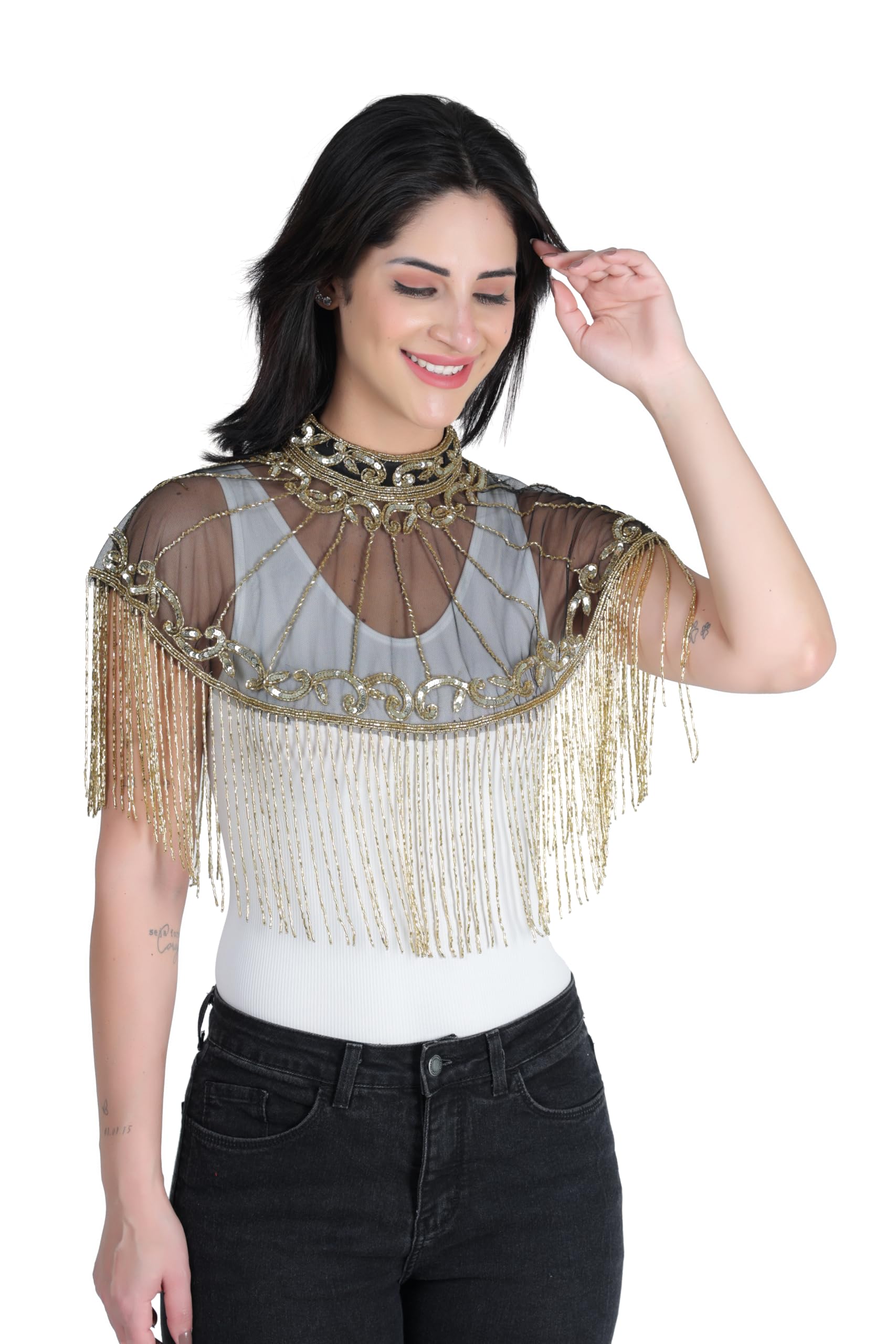 Vintage Sequined Mesh Cape Shawl with Gold Fringe Trim, Beaded Evening Capelet, Party Shrug-picture-41