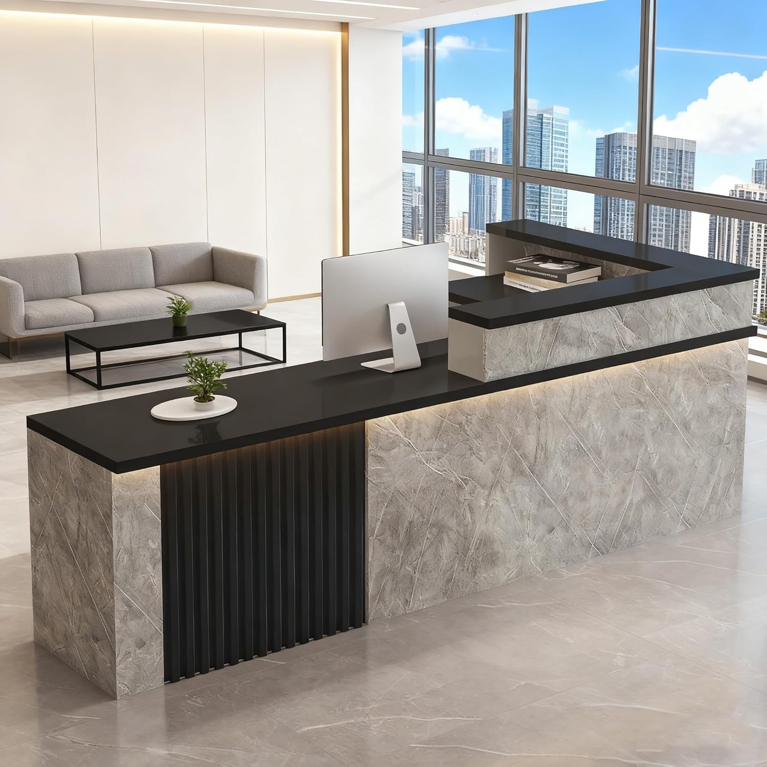 Modern L-Shaped Reception Desk with Counter, Keyboard Tray, Side Cabinet & LED Light Strip, Solid Wood Front Desk Reception Counter for Office, Retail, Salon (D - Left, L 160cm/63in)