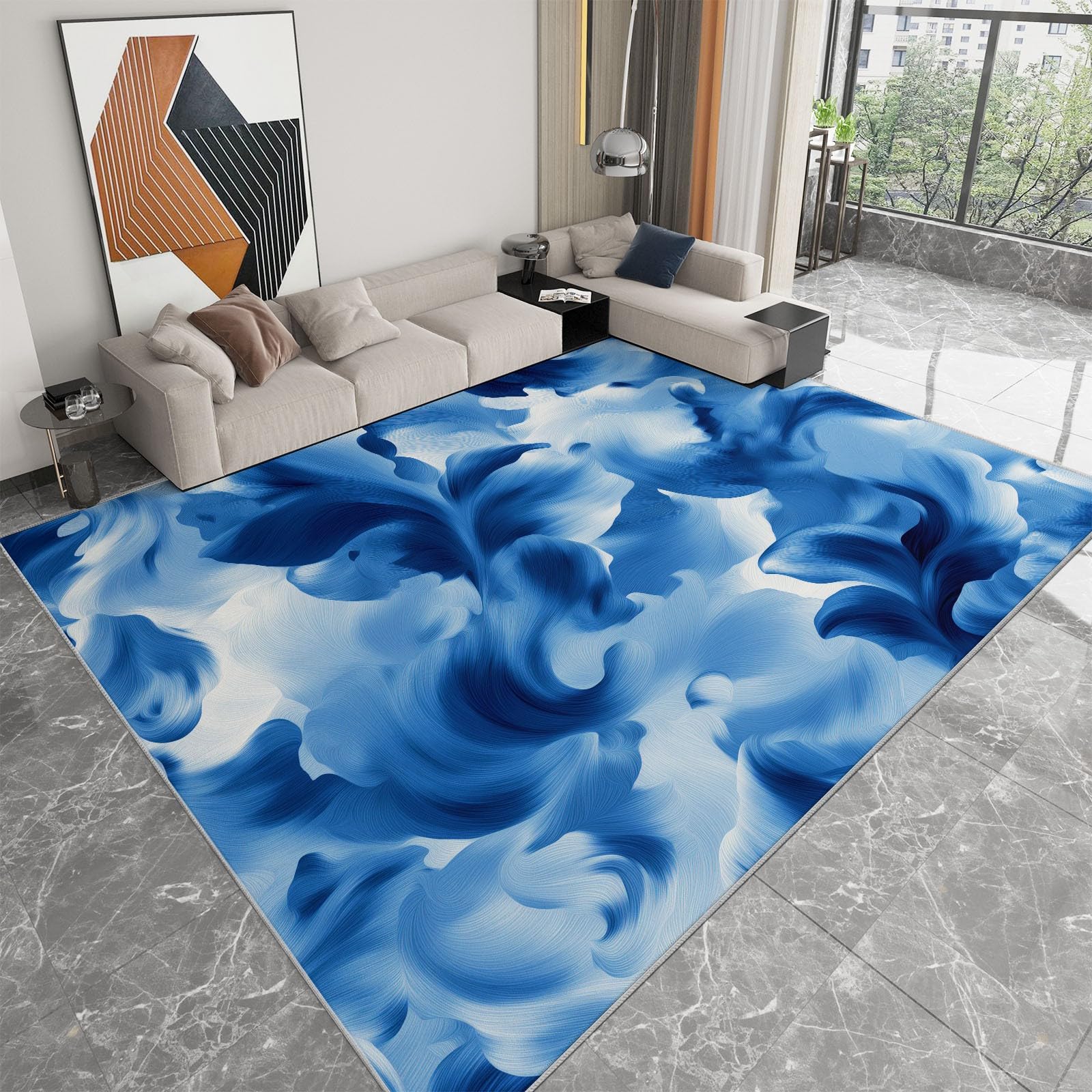 Abstrakcyjny dywan do salonu, kwiatowy wzór, kolorowe klocki, nadaje się do prania, 160 x 230 cm, niebieski, wzór z krótkim włosiem, do sypialni, jadalni, miękki, antypoślizgowy dywan wewnętrzny, do