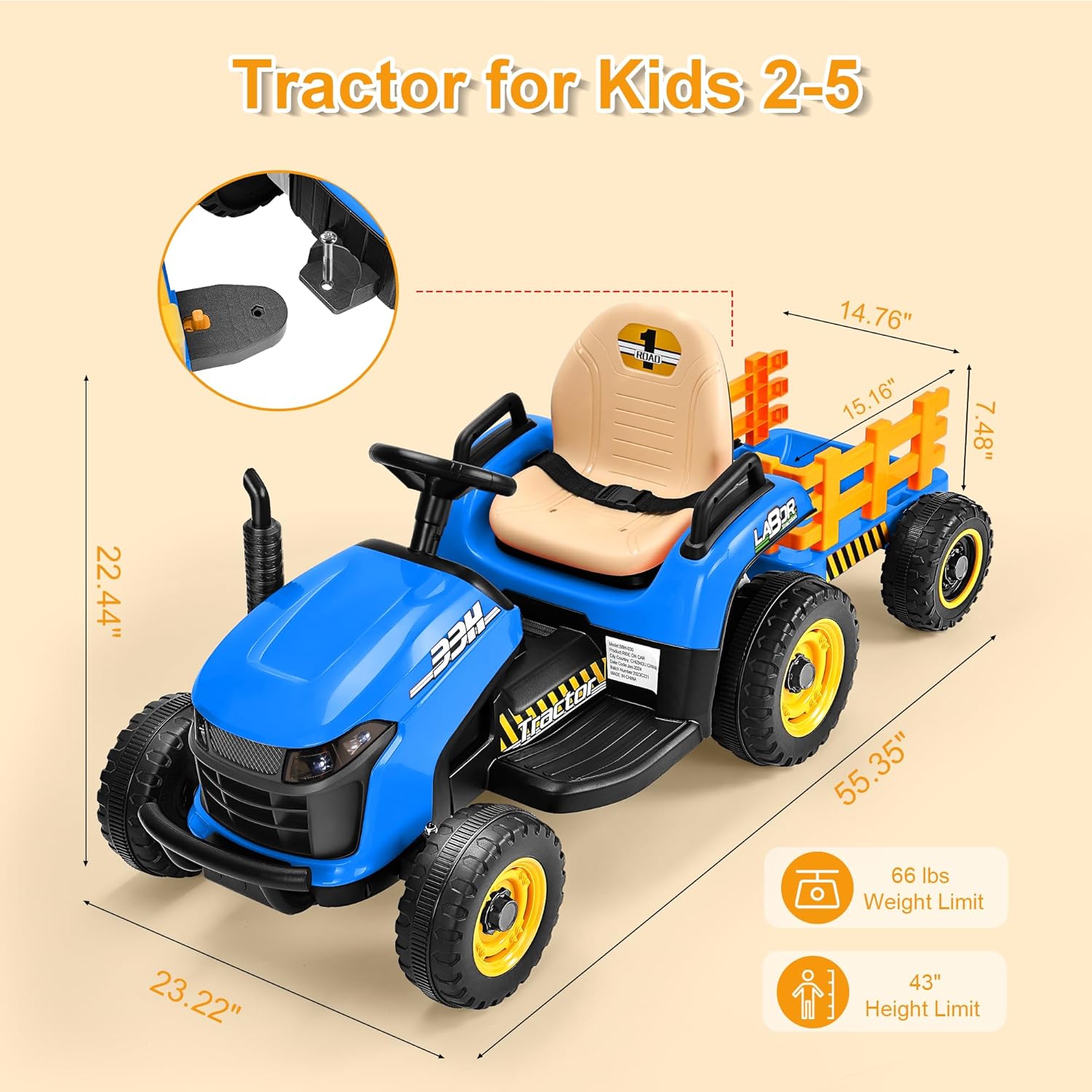 Diagram showing dimensions and weight/height limits for ARBELI tractor