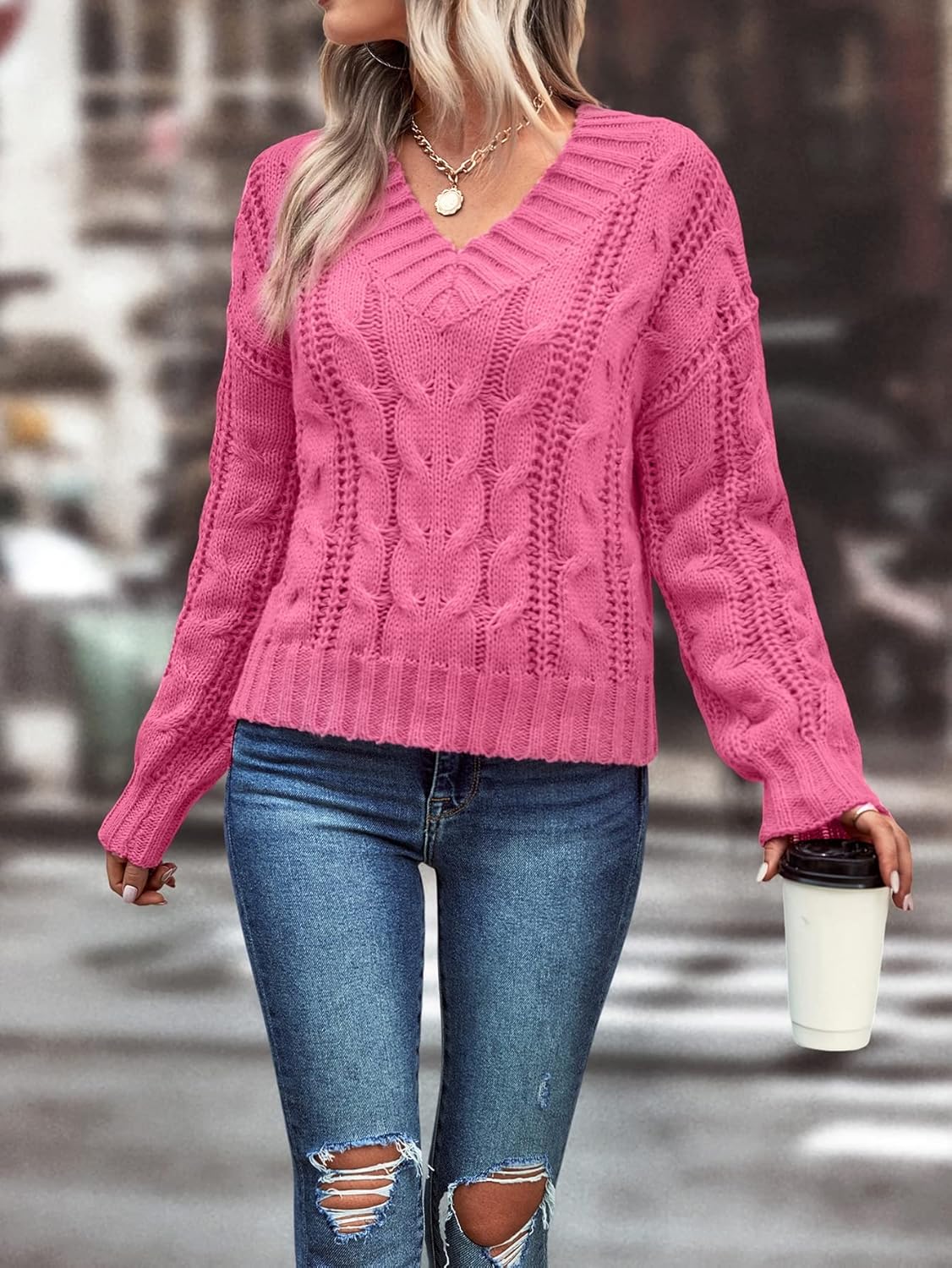 Women's Sweater -Neck Drop Shoulder Cable Knit Sweater Sweater for Women (Color : Pink, Size : Medium)