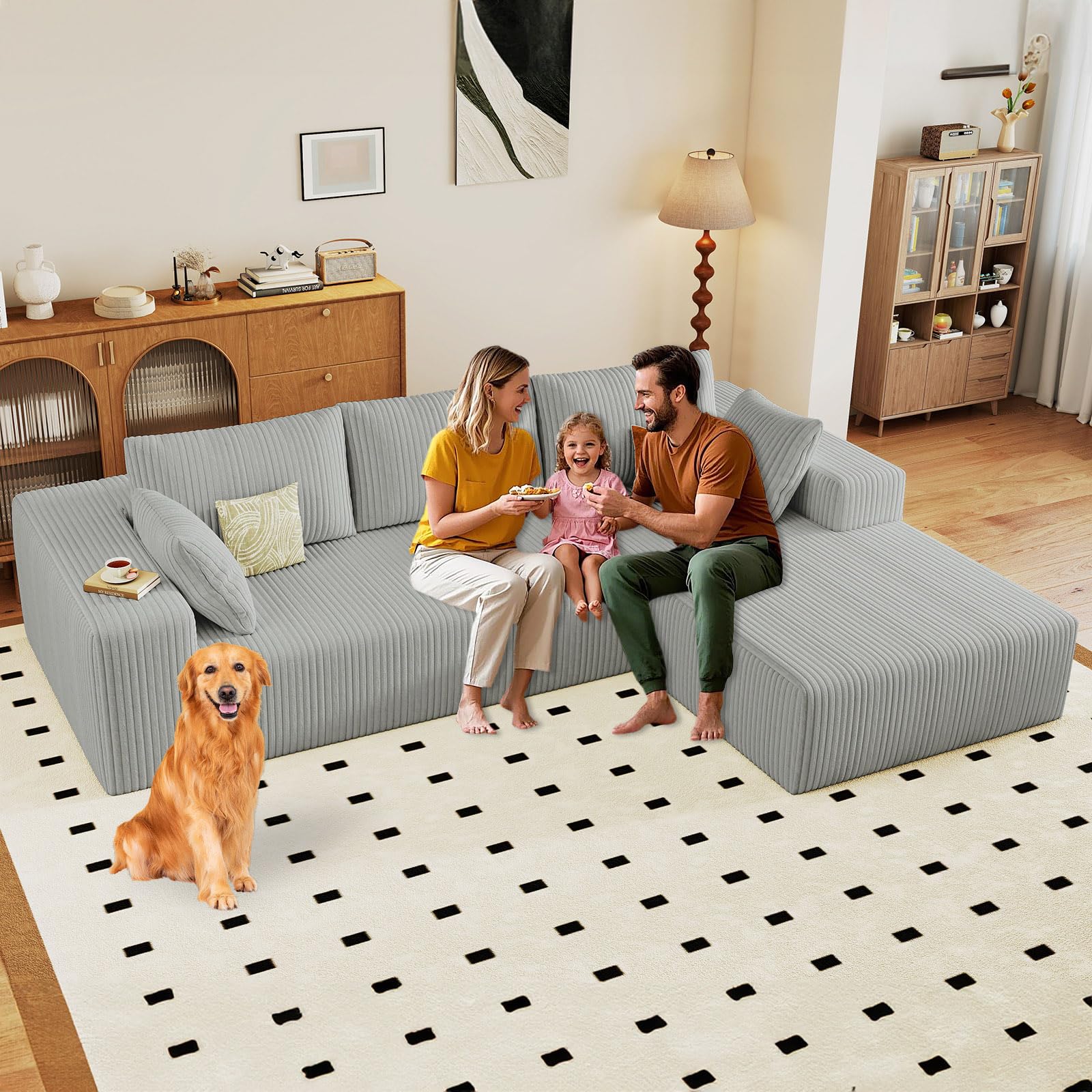 96" Modular Sectional Sofa, Modern Corduroy Cloud Couch with Deep Seat, Boneless Couch Upholstered 3-Seater L-Shaped Sofa for Living Room, No Assembly Required (Light Grey, Right-Facing Chaise)