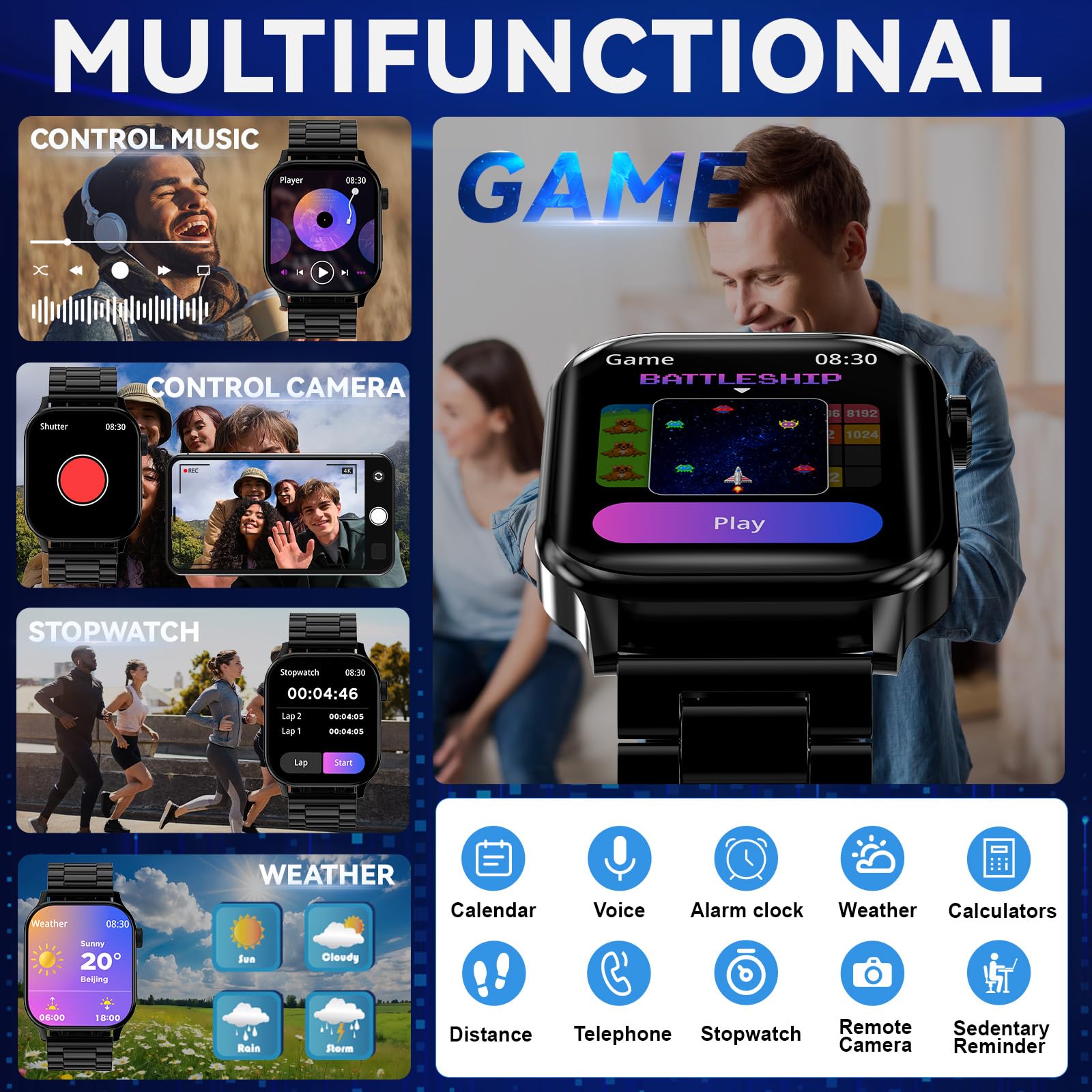Smartwatch Uomo Donna con 2 Cinturini, 1.85" Orologio Digitale con Rispondi/Effettua Chiamate, 100+ Modalità Sportive Fitness Tracker con Monitoraggio del Sonno/Contapassi per IOS/Android