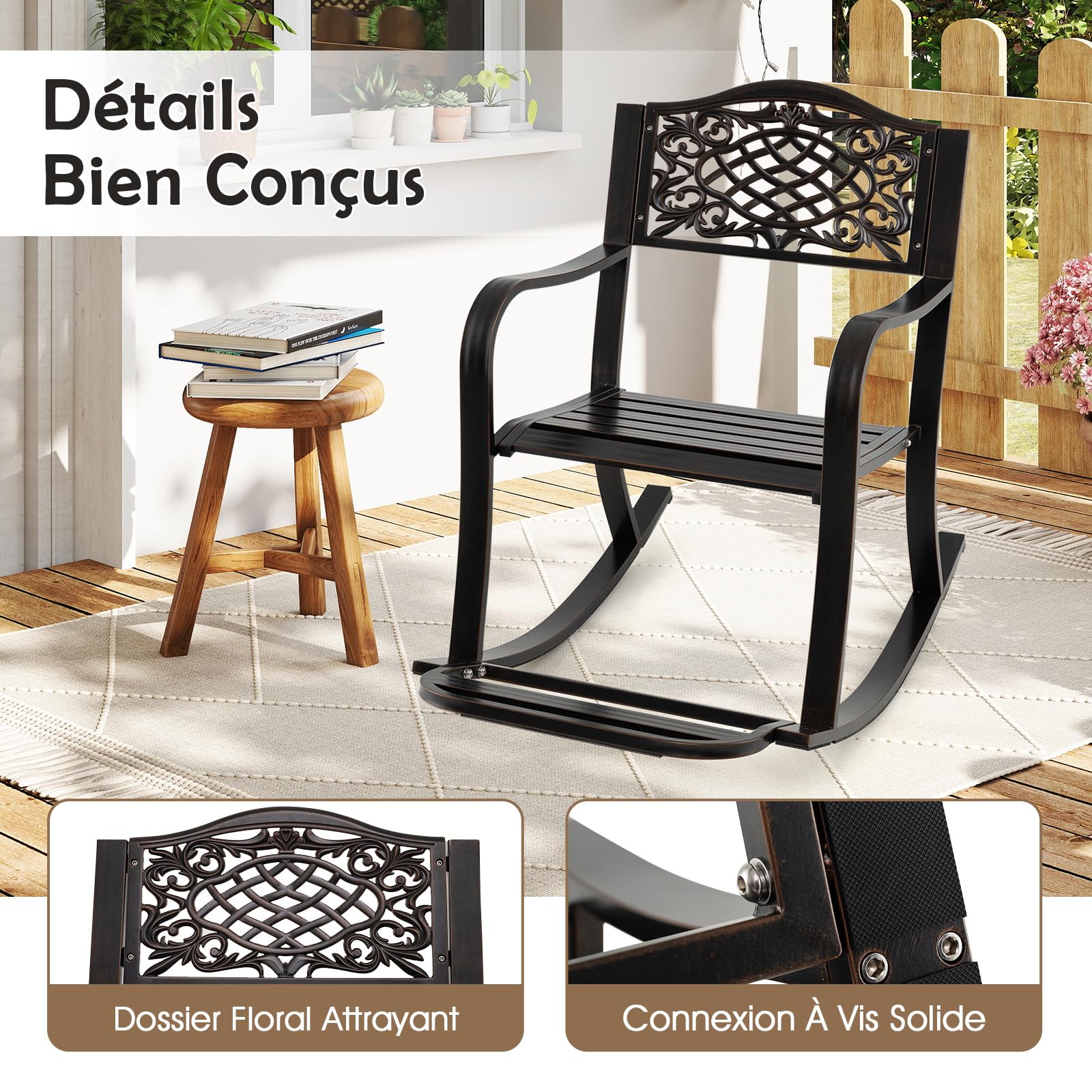 COSTWAY Fauteuil a Bascule Exterieur en Aluminium Coulé, Chaise a Bascule avec Repose-Pied, Dossier à Motifs, Siège à Lattes, Rocking Chair Extérieur pour Jardin Porche, Charge 150kg, 102x62,5x89 cm