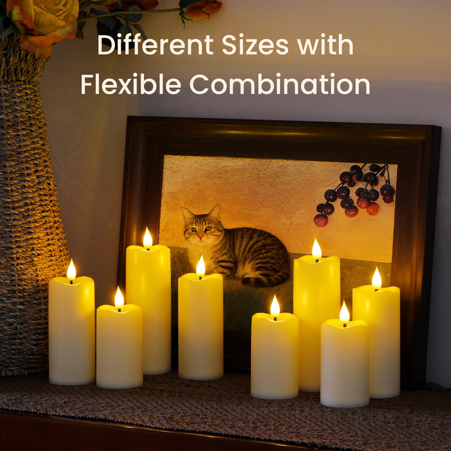 Yeelida Candele LED avorio tremolanti a batteria,Confezione da 8 candele a colonna in plastica senza fiamma con 2 telecomandi e Temporizzazione (5.3cm x 11, 14, 17cm)