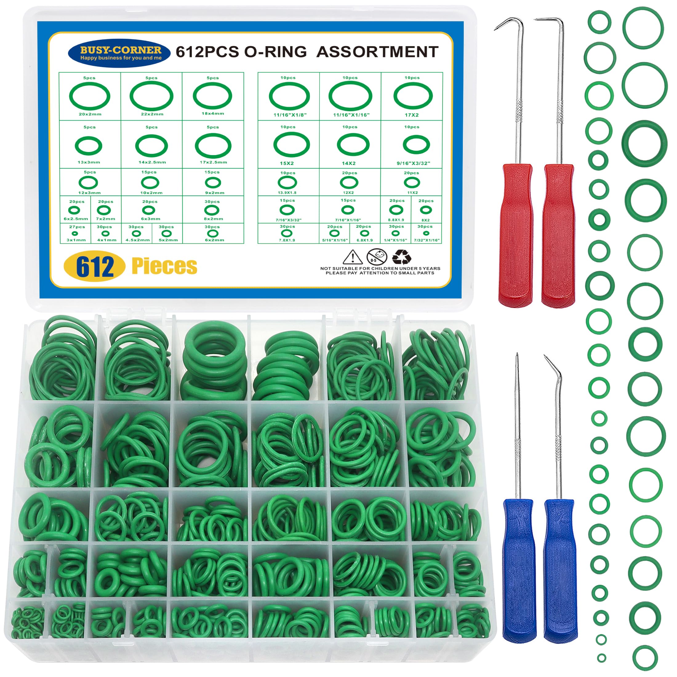 612 Pcs Automotive AC O Rings Kit, SAE& Metric Air Conditioning O Rings Assortment for Car A/C Compressor and Professional Plumbing Faucet Seal Repair with 4PCS O-Ring Picks
