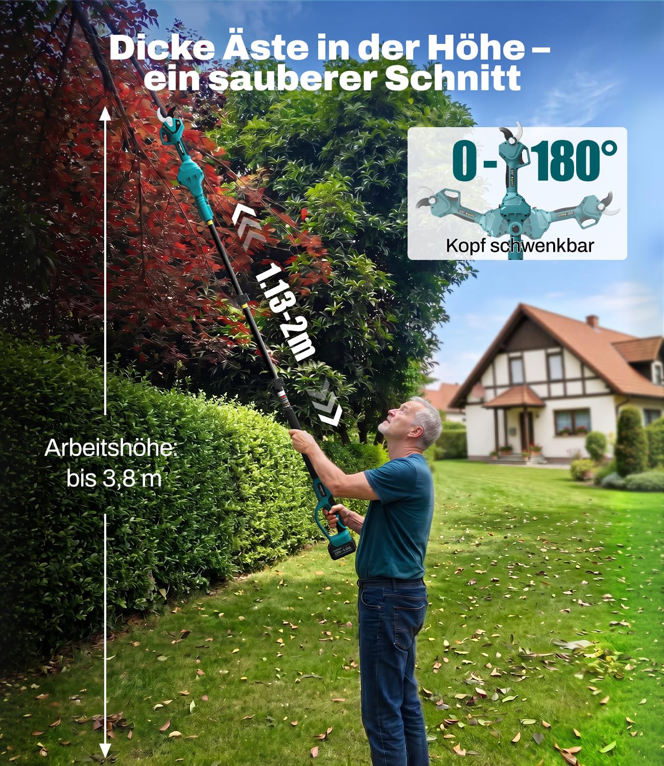 CSS04 2-IN-1 Akku Astschere und Gartenschere Teleskop Kompatibel mit Makita 18V Akkus, Max. 2m Teleskopstange, mit LCD-Display, Winkelverstellbar, Automatische Abschaltung (Ohne Akku)