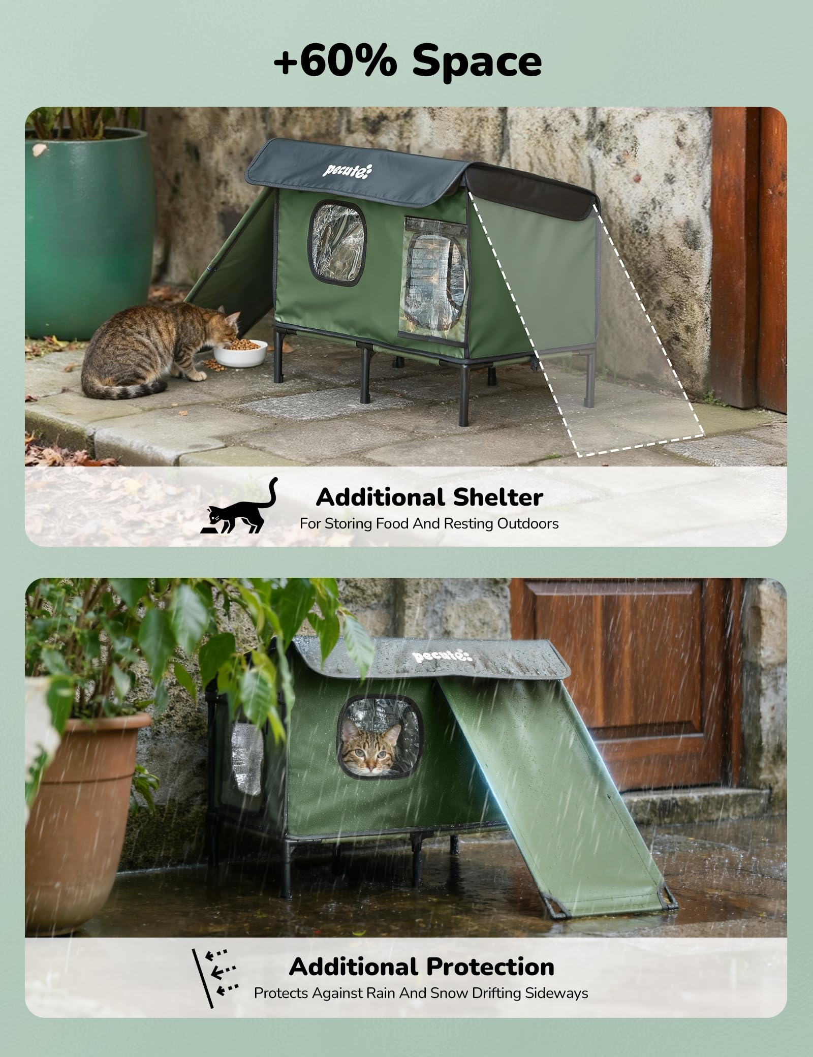 pecute Cuccia Gatto Esterno con Tappetino Riscaldante Mamma gatta, Casetta Gatto Esterno Impermeabile, Porta di Fuga Sicura, Robusto, Facile da Installare, Tettoia Laterale Estesa, Base Rialzata, L