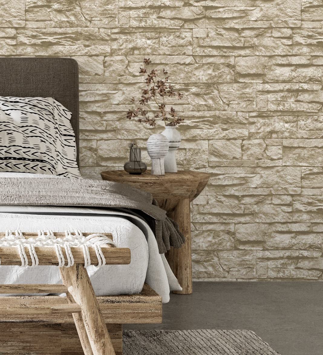 GAULAN 453146 - Carta da parati lavabile in vinile imitazione pietra ardesia beige texture in rilievo 3D per pareti soggiorno cucina bagno sala da pranzo - Rotolo di 10 m x 0,53 m