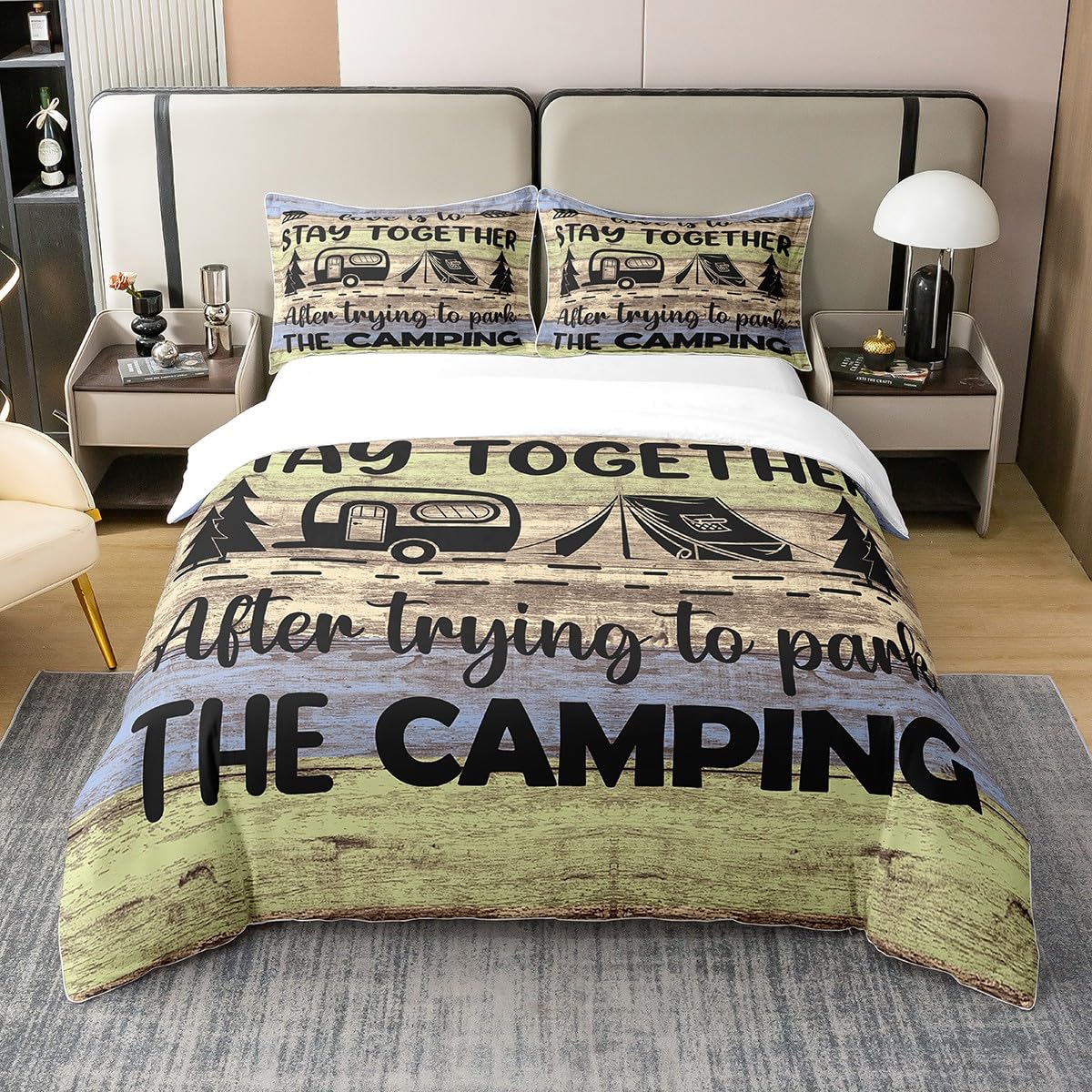 Homemissing Camper Bedding Duvet Cover 100% Cotton Set King Size Happy Camping Bedding Set for Kids Boys Decor RV Camping Comforter Cover Set Rustic Wooden Bedspread Cover Bedroom Vintage Bedclothes