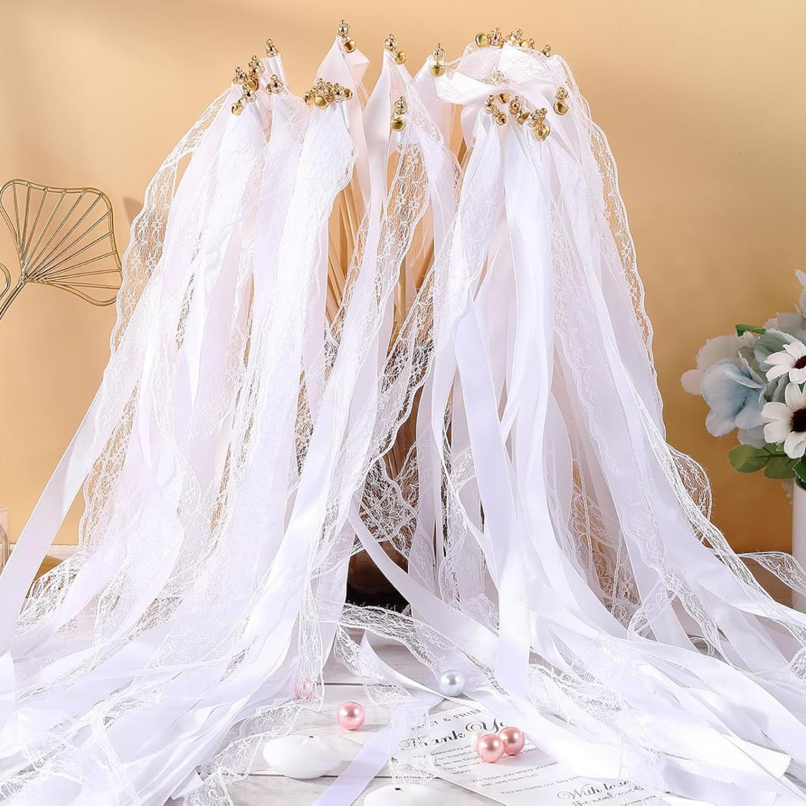 Set Di 50 Bastoncini Da Parete Con Campanelle Grandi - Nastri In Seta E Legno Per Matrimoni, Feste, Compleanni E Anniversari - Decorazione Festosa - 4