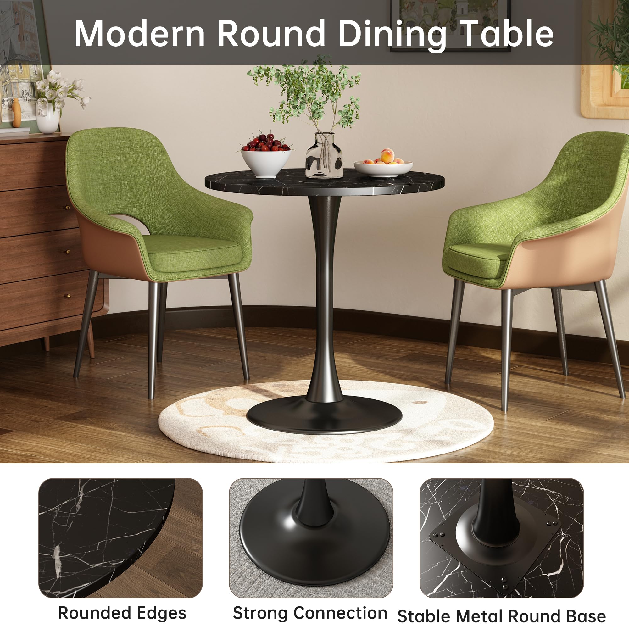 Table ronde en marbre noir - Table de salle à manger moderne - Texture marbrée - Table de cuisine ronde du milieu du siècle - Table basse pour salon - 61 cm